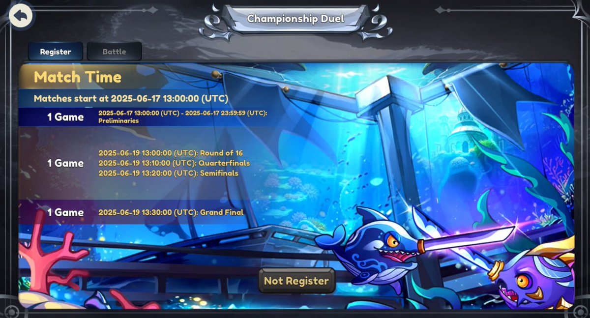 FishWarriors! Are you Ready? 🐟

The qualifier round is about to land! Stick with this schedule to know when to jump in! 

Qualifiers: 13:00 UTC 17th June 
Round of 16: 13:00 UTC 19th June 
Quarterfinal: 13:10 UTC 19th June 
Semifinal: 13:20 UTC 19th June 
Grand final: 13:30 UTC