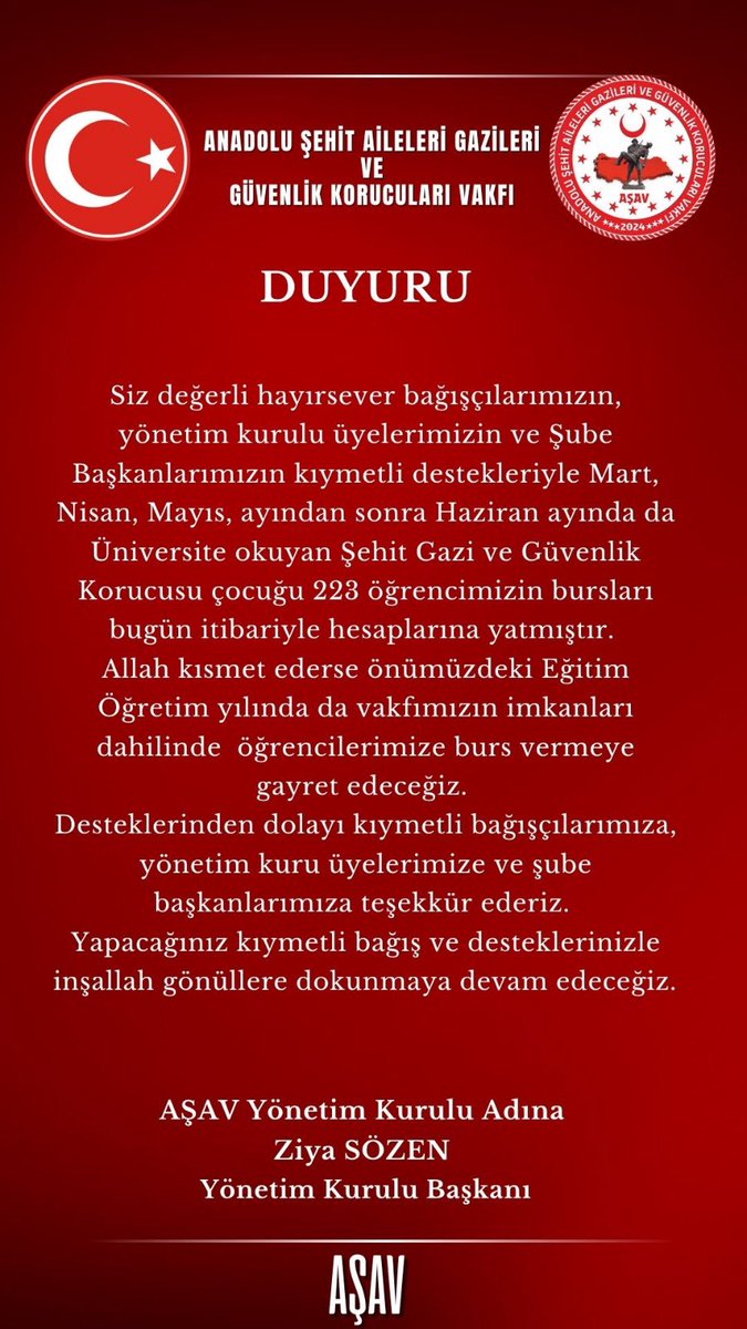 Ziya SÖZEN (@ziyasozen) on Twitter photo Üniversitede okuyan Şehit, Gazi ve Güvenlik Korucusu 223 öğrencimizin Mart, Nisan, Mayıs ayından sonra Haziran ayı bursları da bugün itibari ile hesaplarına yatmıştır. Emeği geçen herkese teşekkür ederiz. <a href="/AsavVakfi/">AŞAV VAKFI</a> Üniversitede okuyan Şehit, Gazi ve Güvenlik Korucusu 223 öğrencimizin Mart, Nisan, Mayıs ayından sonra Haziran ayı bursları da bugün itibari ile hesaplarına yatmıştır. Emeği geçen herkese teşekkür ederiz. <a href="/AsavVakfi/">AŞAV VAKFI</a>