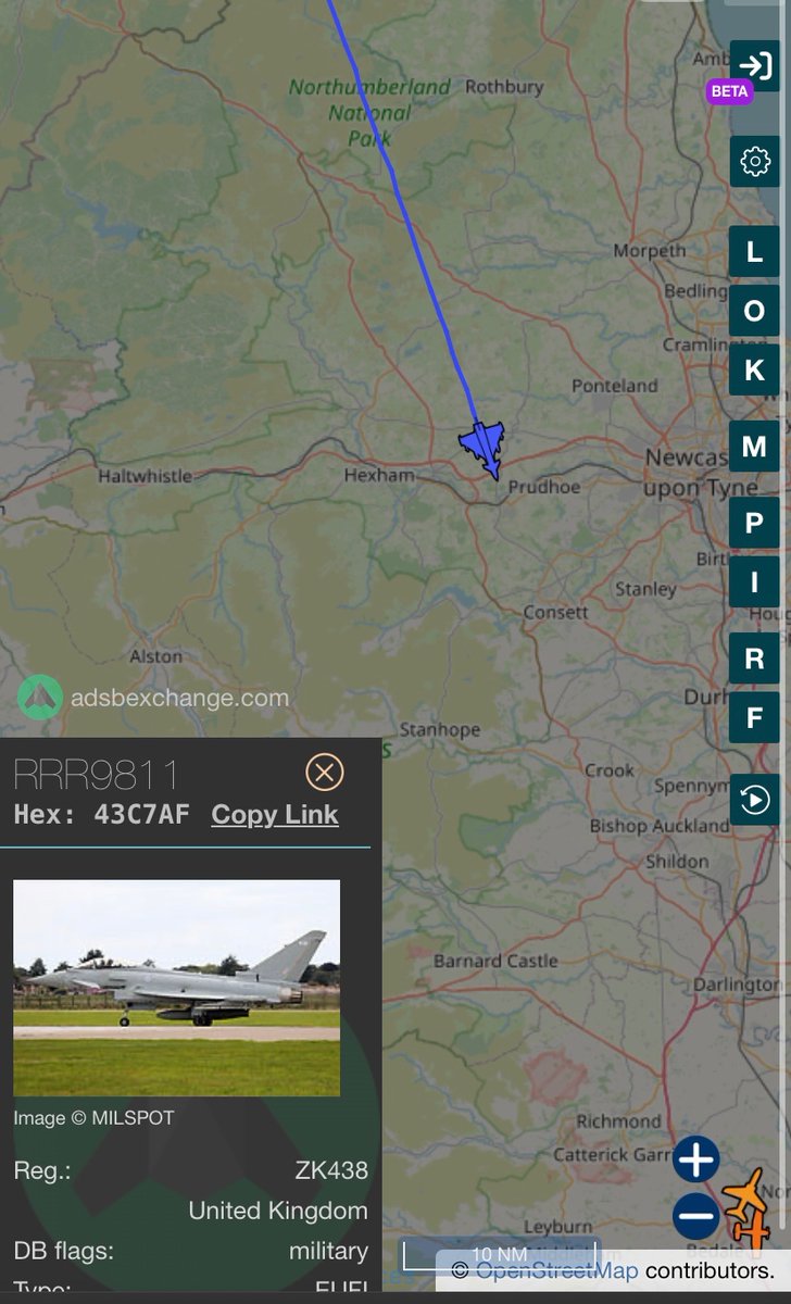 RAF Typhoon headed south from Lossiemouth, potentially first move of additional fighters to Akrotiri. Voyager RRR9401 also up.