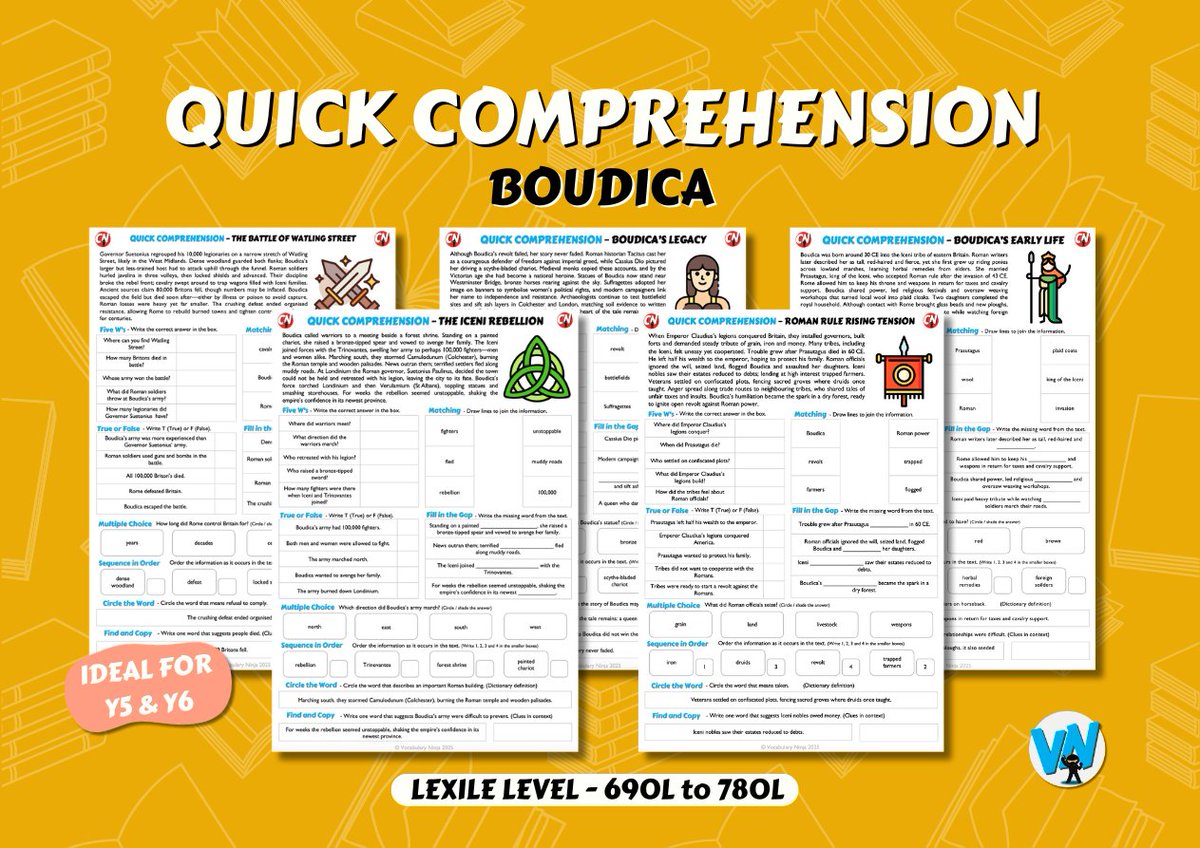 🥷 NEW - Quick Comps - BOUDICA - Topic Bundles 📚📝

💻 - bit.ly/43Cp71B

📚 Each bundle had 5 unique texts and questions
📙 Original non-fiction texts
📈 Text levelled via Lexile Levels.
⏰ Complete in 10-15 minutes

#reading #comprehension #teacherresources