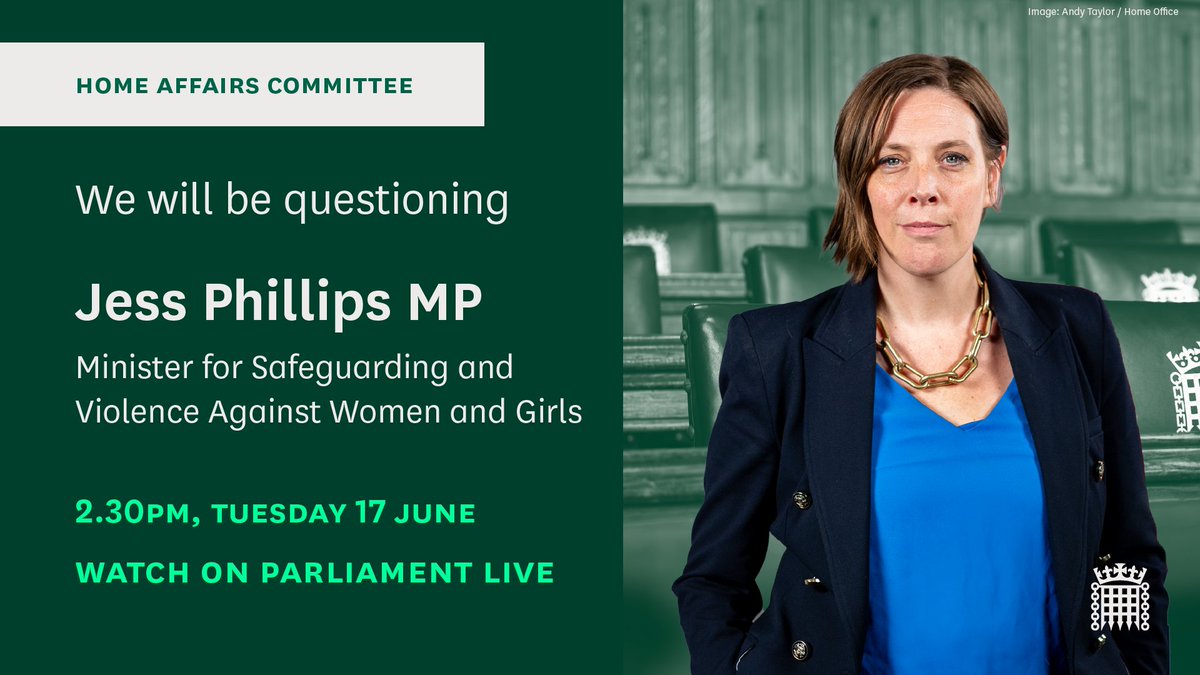 Home Affairs Committee (@commonshomeaffs) on Twitter photo Does current funding support the right mix of VAWG services to:
- respond to complex and diverse needs?
- meet the Governmentās pledge to halve VAWG?
Watch live as we question <a href="/WestYorkshireCA/">West Yorkshire Combined Authority</a>, <a href="/LGAcomms/">Local Government Association (LGA)</a>, @APCCuk, @jessphilipshmp, <a href="/ukhomeoffice/">Home Office</a>
Date: Tuesday 17 June at 2.30pm Does current funding support the right mix of VAWG services to:
- respond to complex and diverse needs?
- meet the Governmentās pledge to halve VAWG?
Watch live as we question <a href="/WestYorkshireCA/">West Yorkshire Combined Authority</a>, <a href="/LGAcomms/">Local Government Association (LGA)</a>, @APCCuk, @jessphilipshmp, <a href="/ukhomeoffice/">Home Office</a>
Date: Tuesday 17 June at 2.30pm