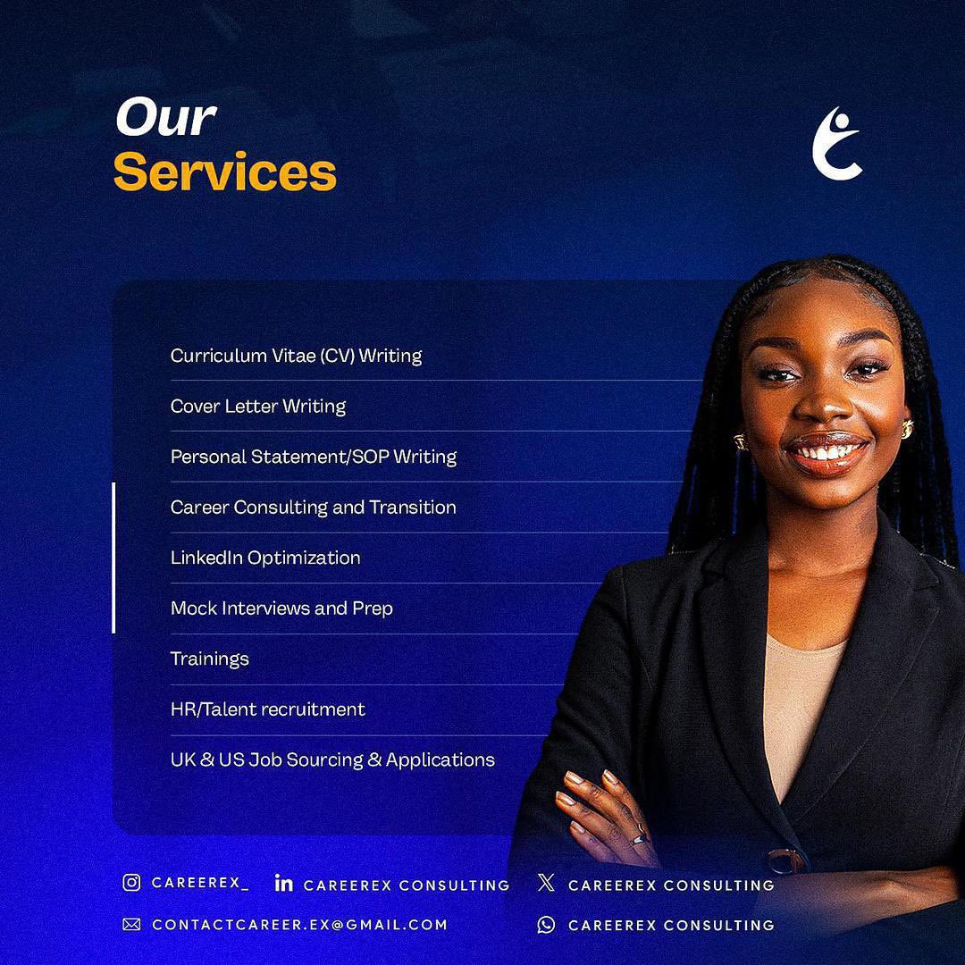 Reach out to <a href="/CareerEx_/">CareerEx Consulting</a> or leave a message wa.me/2349110191737 to get started!

Good morning!