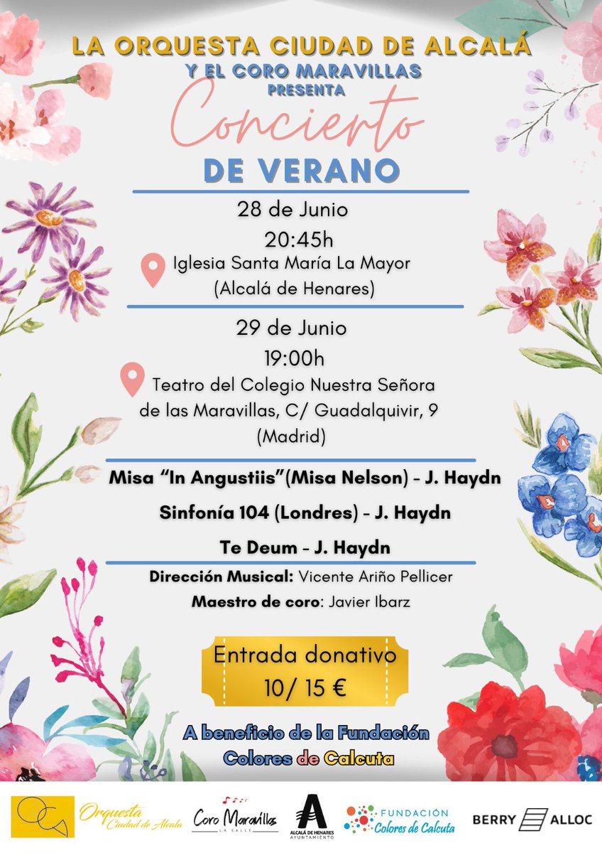 ¡Tenemos una propuesta para ti! #Cultura, diversión y #solidaridad.

Los próximos días 28 y 29 de junio, la Orquesta Ciudad de Alcalá y el Coro Maravillas, se unen por primera vez en un concierto inédito a favor de #ColoresdeCalcuta.