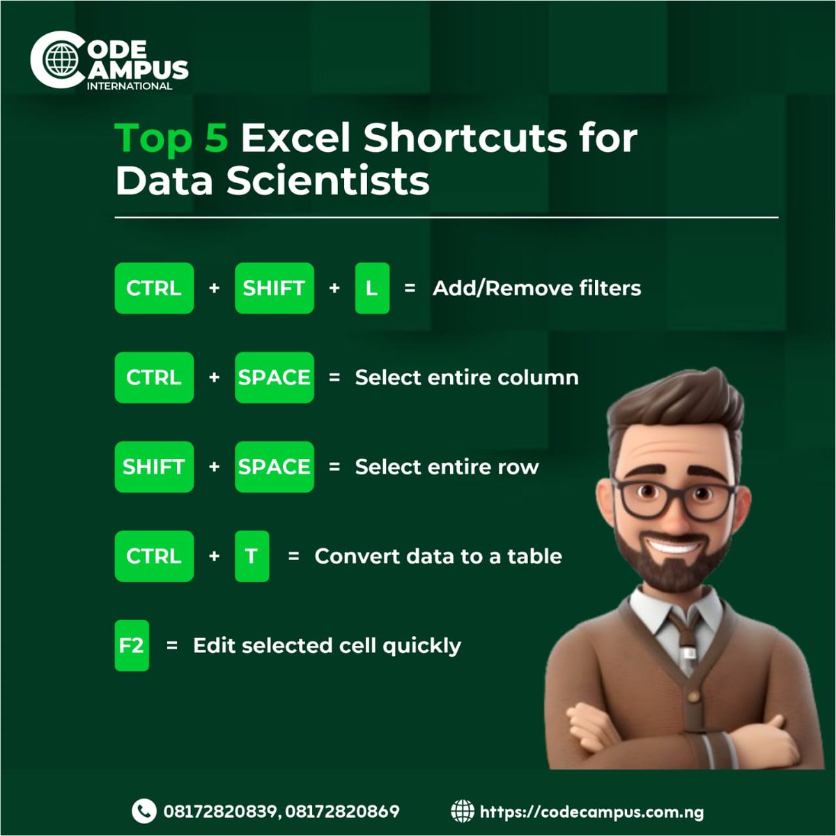 codecampusng's tweet image. Excel Like a Pro!
Are you a data scientist (or aspiring to be one)? Mastering Excel shortcuts can save you hours and boost your productivity! 

Start using them today and level up your spreadsheet game!

Call us: 08172820839, 08172820869

#CodeCampus #ExcelShortcuts