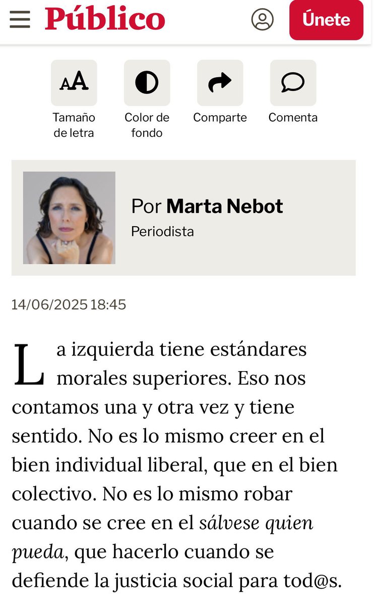 Hola, <a href="/MartaNebot/">Marta Nebot</a> 
Me han pasado esto de un artículo tuyo. Llevo media vida dedicado a la ética; estoy en condiciones de afirmar que no tienes la menor idea de lo que significa "moralmente superior", y que tu desvarío moral es CAUSA directa de que abunden los Cerdanes y Ábalos