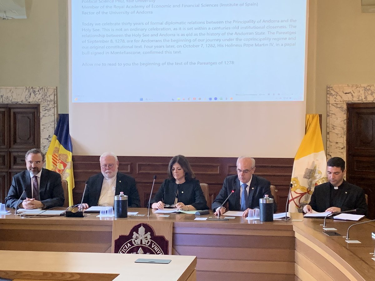 AusAmbHolySee's tweet image. Today we gathered at the @UniSantaCroce to mark the 30th anniversary of diplomatic relations between Andorra and Holy See. The Vatican’s Secretary for Relations with States, HE Archbishop Gallagher, spoke about peace during this complex moment for global stability.