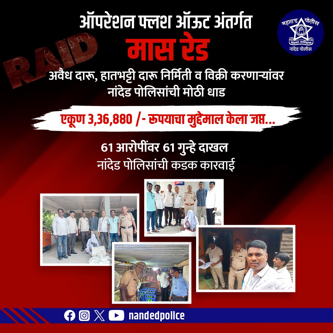 ऑपरेशन फ्लश आऊट अंतर्गत नांदेड पोलिसांची मोठी कारवाई!

शहर व ग्रामीण भागात अवैध दारू विक्री आणि हातभट्टी तयार करणाऱ्यांवर एकाच दिवशी मोठा “मास रेड”
- एकूण मुद्देमाल जप्त – ₹3,36,880/-
- 61 गुन्हे दाखल
- 61 आरोपींवर कारवाई
#OperationFlushOut #NandedPolice #MassRaid #CrimeControl