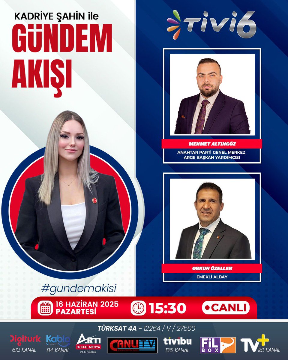 Bugün saat 15:30 da <a href="/tivi6medya/">Tivi6</a> da gündem akışında <a href="/kadriyesahin_/">Kadriye ŞAHİN</a> konuğu olacağım 
İran İsrail Türkiye üçgenini bir de benden dinleyin. Kimsenin bahsetmediği bir şeyler duyacak mısınız?