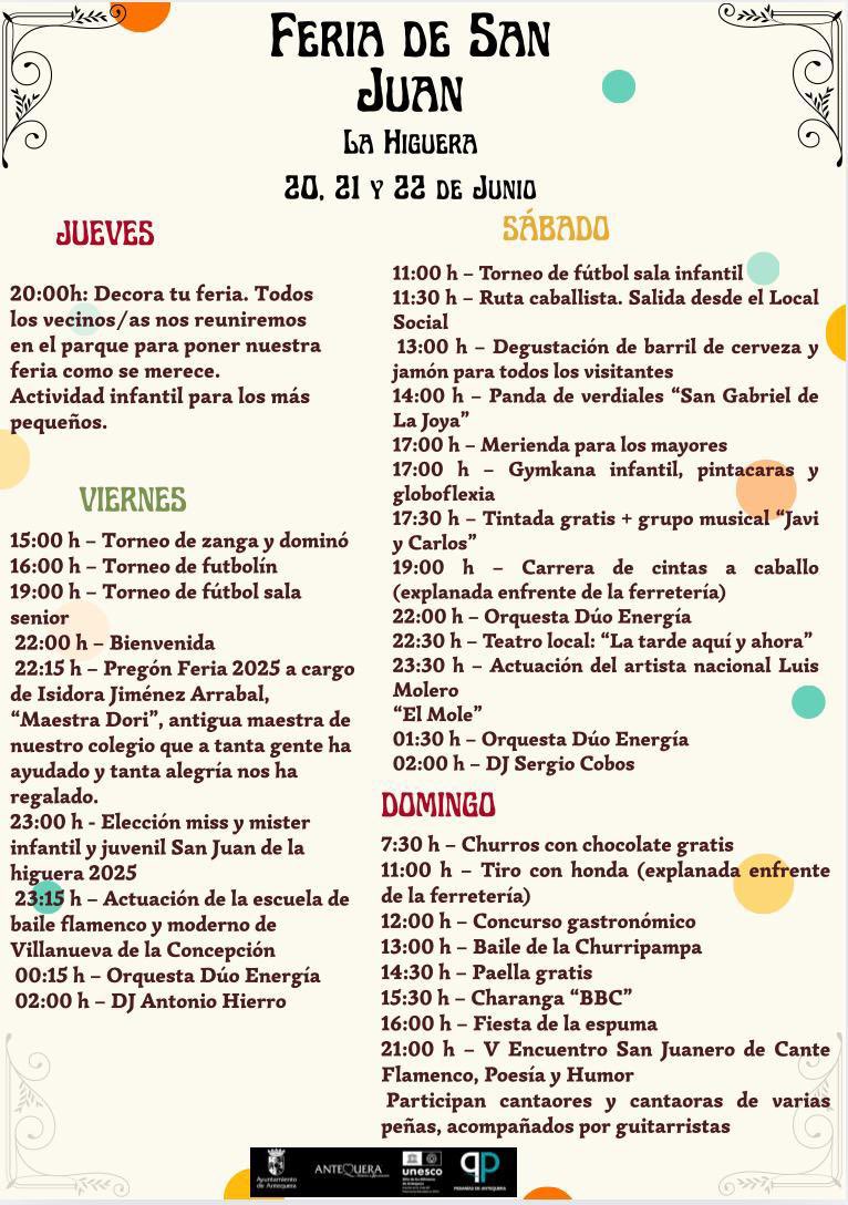 🎉🫏🎸Fiestas de La Higuera

📆 Días 20, 21 y 22 #junio
Ocio, música, deporte, tradición, gastronomía… ¡Te esperamos en La Higuera!

👉🏽Programa:
Consulta todo en imagen 

Seguimos trabajando por los vecinos y las tradiciones de nuestras pedanías