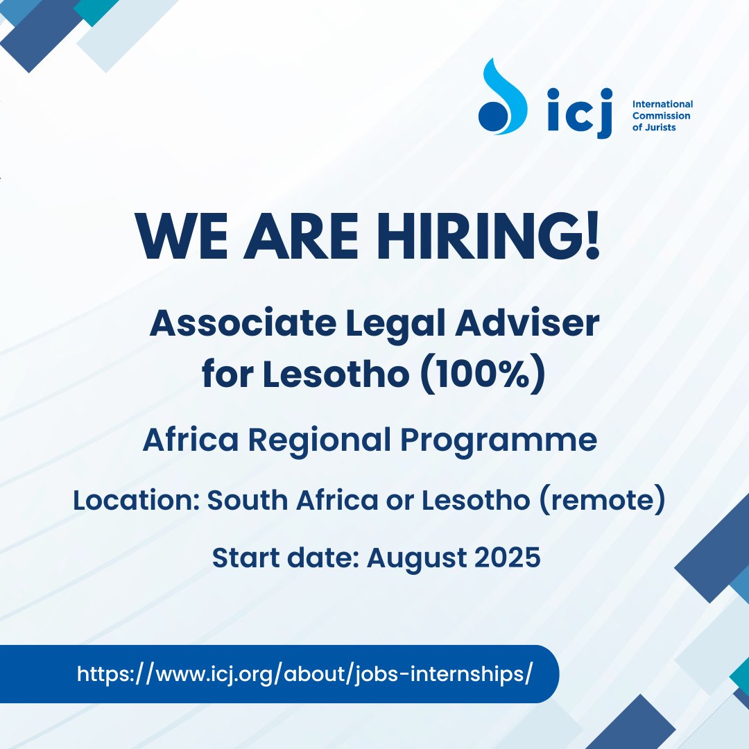 📢 [Job Alert] We are looking for an Associate Legal Adviser for Lesotho (100%) to join our Africa Regional Programme, starting from August 2025!

🔗 For more information, please visit: icj.org/about/jobs-int…
#JobOpportunity #JobAlert #Hiring #HiringNow #SouthAfrica #Lesotho