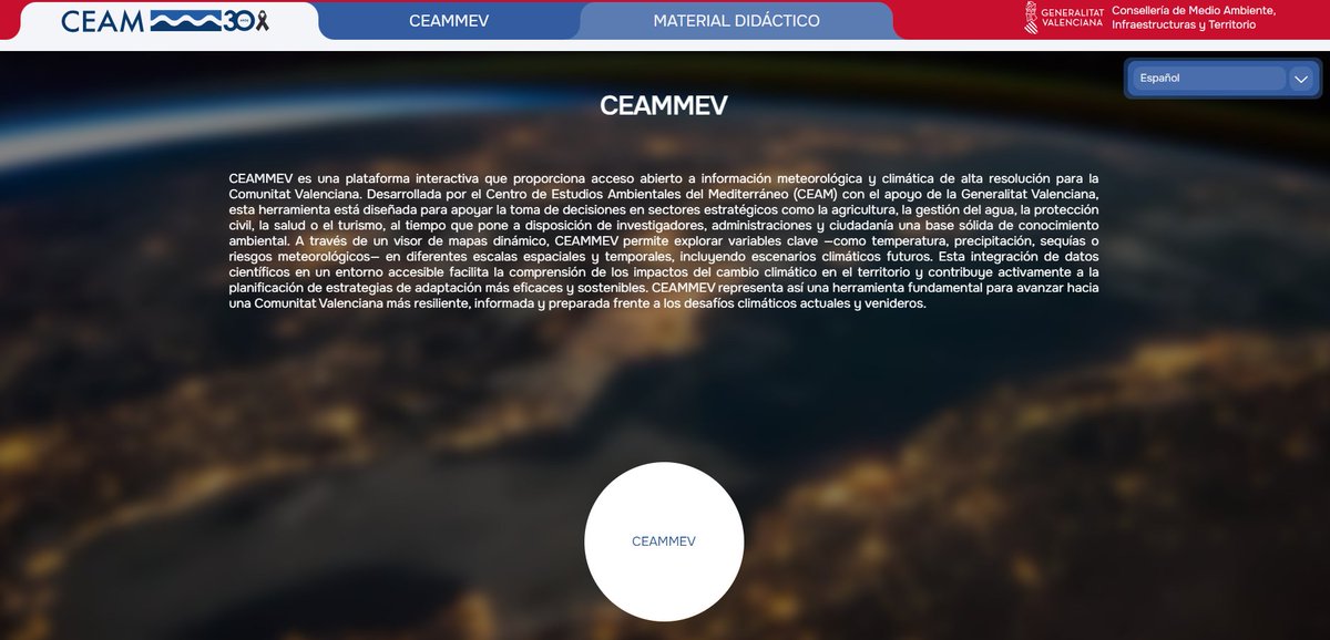 GVA CEACV (@gva_ceacv) on Twitter photo Nou VISOR METEOROLÒGIC CEAMMEV
Una plataforma interactiva que proporciona accés obert a informació meteorològica i climàtica d'alta resolució per a la Comunitat Valenciana. Creada per <a href="/CeamFundacion/">Fundación CEAM</a> con el apoyo de <a href="/GVAMediAmbient/">GVA Medi Ambient Infraestructures Territori</a>
Enllaç al visor:
ceammev.es/ceam/ Nou VISOR METEOROLÒGIC CEAMMEV
Una plataforma interactiva que proporciona accés obert a informació meteorològica i climàtica d'alta resolució per a la Comunitat Valenciana. Creada per <a href="/CeamFundacion/">Fundación CEAM</a> con el apoyo de <a href="/GVAMediAmbient/">GVA Medi Ambient Infraestructures Territori</a>
Enllaç al visor:
ceammev.es/ceam/