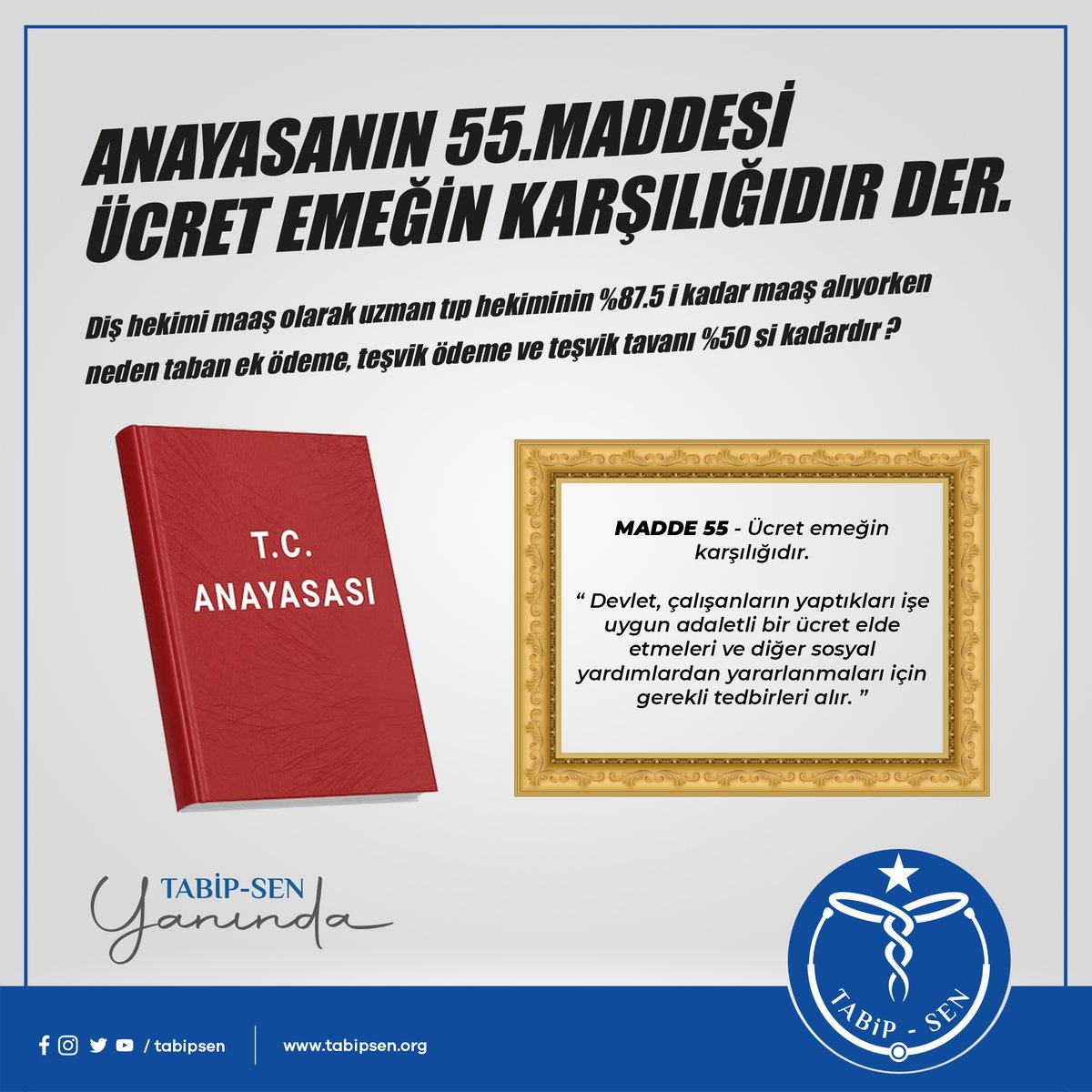 ANAYASIN 55. MADDESİ (ÜCRET EMEĞİN KARŞILIĞIR) DER.❗️

➡️Diş hekimi maaş olarak uzman tıp hekiminin %87.5 i kadar maaş alıyorken, neden taban ek ödeme, teşvik ödeme ve teşvik tavanı %50 si kadardır.

➡️Diş hekiminden talep edilen emek neden günde 30-40 girişimsel işlemdir.