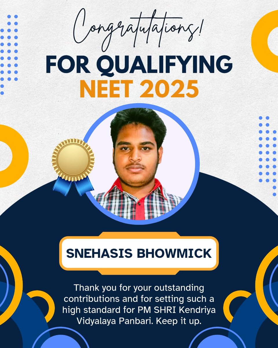 PM Shri Kendriya Vidyalaya Panbari (@kpanbari) on Twitter photo Congratulations to Mr. Snehasis Bhowmick of PM Shri Kendriya Vidyalaya Panbari who have brought glory to the vidyalaya by achieving significant success in NEET UG 2025.
#NEETKVS2025 <a href="/KVS_HQ/">Kendriya Vidyalaya Sangathan</a>
<a href="/GuwahatiKvs/">KVS RO GUWAHATI</a> Congratulations to Mr. Snehasis Bhowmick of PM Shri Kendriya Vidyalaya Panbari who have brought glory to the vidyalaya by achieving significant success in NEET UG 2025.
#NEETKVS2025 <a href="/KVS_HQ/">Kendriya Vidyalaya Sangathan</a>
<a href="/GuwahatiKvs/">KVS RO GUWAHATI</a>