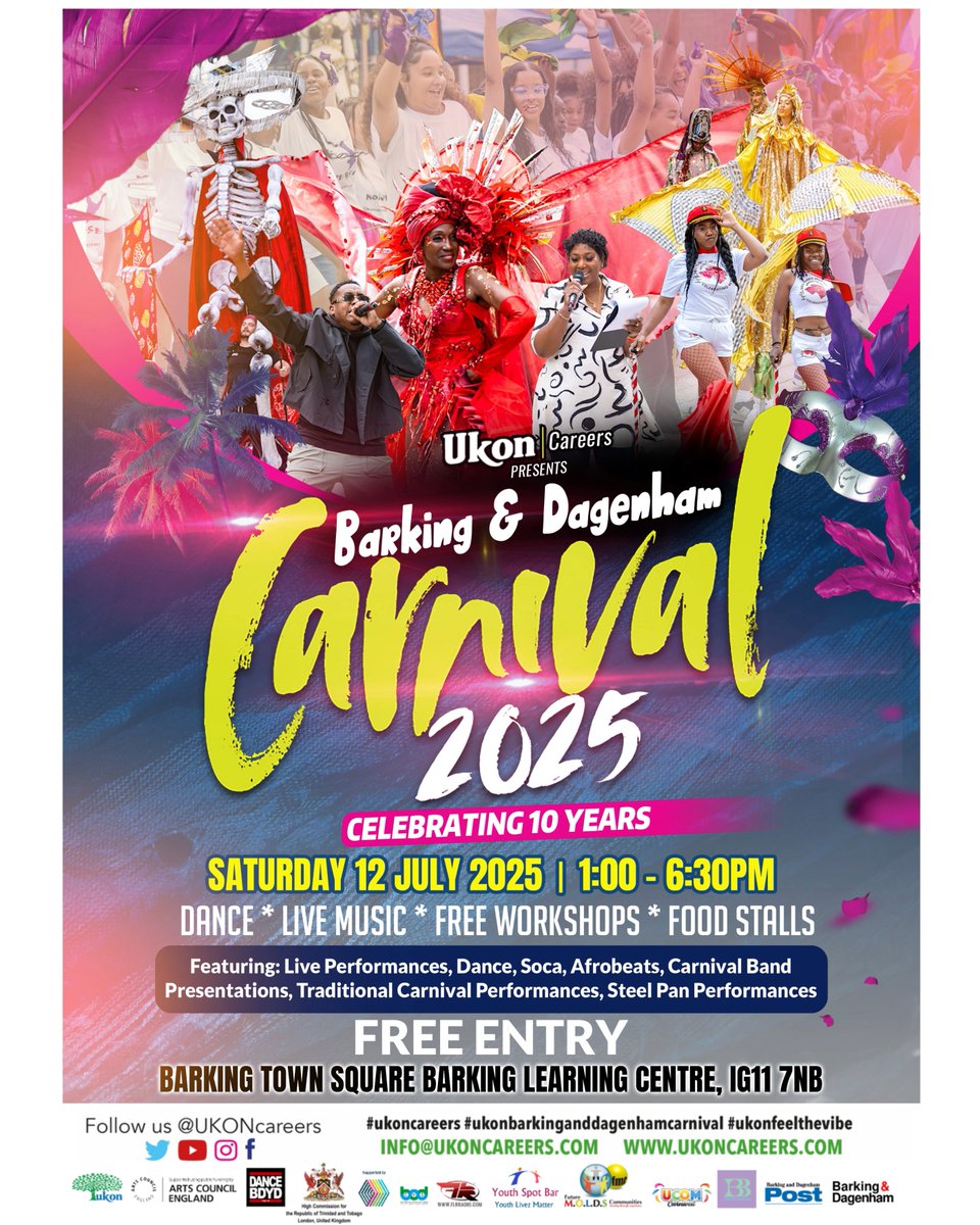 Trinidad & Tobago High Commission in the UK ๐น๐น (@tthclondon) on Twitter photo Barking and Dagenham Carnival 2025: A Decade of Celebration
Saturday 12 July 2025
1:00 PM to 6:30 PM.
Barking Town Square (IG11 7LU)
Celebrating its 10th anniversary, this vibrant festival invites participants of all ages and abilities.
<a href="/UKONCareers/">UKON Careers C.I.C</a> Barking and Dagenham Carnival 2025: A Decade of Celebration
Saturday 12 July 2025
1:00 PM to 6:30 PM.
Barking Town Square (IG11 7LU)
Celebrating its 10th anniversary, this vibrant festival invites participants of all ages and abilities.
<a href="/UKONCareers/">UKON Careers C.I.C</a>
