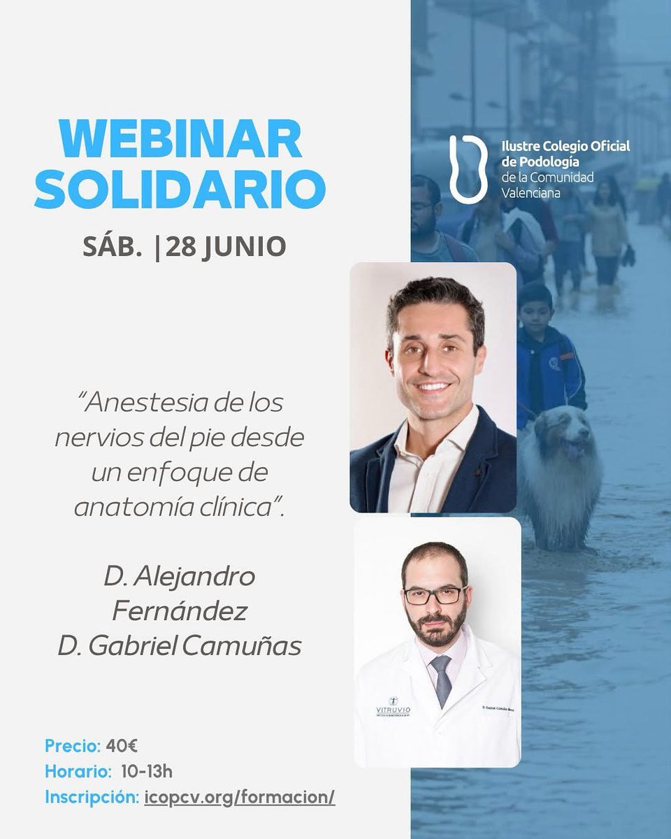 WEBINAR SOLIDARIO 💙 28 junio | D. Alejandro Fernández y D. Gabriel Camuñas

“Anestesia de los nervios del pie desde un enfoque de anatomía clínica”.

Inscripción 👉 acortar.link/kUKmPO

Gracias por uniros a esta iniciativa de apoyo y solidaridad 💙

#somterreta