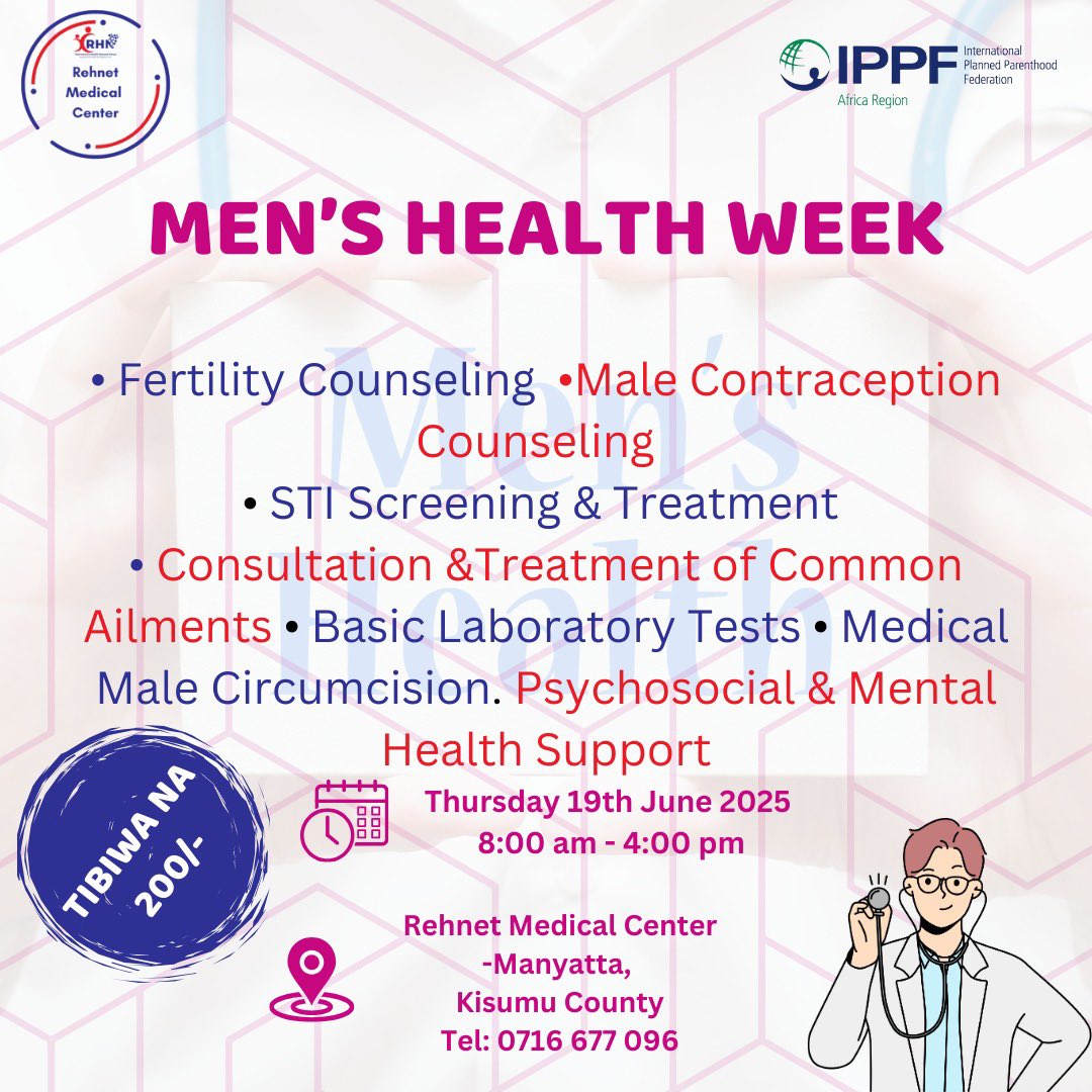 Rehnet Medical Center (@rehnetmed) on Twitter photo Huku <a href="/RehnetMed/">Rehnet Medical Center</a> in Manyatta, Kisumu, bado tuko ndani ya #MensHealthWeek. Afya ya wanaume ni muhimu pia!
Walk into our <a href="/RehnetMed/">Rehnet Medical Center</a> center, Kisumu na #TibiwaNaMiaMbili this Thursday as from 8am - 4pm.
#YourHealthIsOurPriority Huku <a href="/RehnetMed/">Rehnet Medical Center</a> in Manyatta, Kisumu, bado tuko ndani ya #MensHealthWeek. Afya ya wanaume ni muhimu pia!
Walk into our <a href="/RehnetMed/">Rehnet Medical Center</a> center, Kisumu na #TibiwaNaMiaMbili this Thursday as from 8am - 4pm.
#YourHealthIsOurPriority