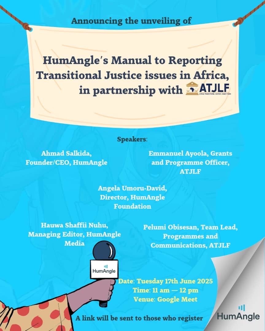 HumAngle Foundation (@humanglefdn) on Twitter photo Tomorrow, we unveil our manual on reporting #transitionaljustice issues in Africa, in partnership with <a href="/ATJLF_/">Africa Transitional Justice Legacy Fund (ATJLF)</a>
This resource draws from years of field experience and authoritative literature on the subject.
Register here to attend the virtual launch: docs.google.com/forms/d/1ubjIJ… Tomorrow, we unveil our manual on reporting #transitionaljustice issues in Africa, in partnership with <a href="/ATJLF_/">Africa Transitional Justice Legacy Fund (ATJLF)</a>
This resource draws from years of field experience and authoritative literature on the subject.
Register here to attend the virtual launch: docs.google.com/forms/d/1ubjIJ…