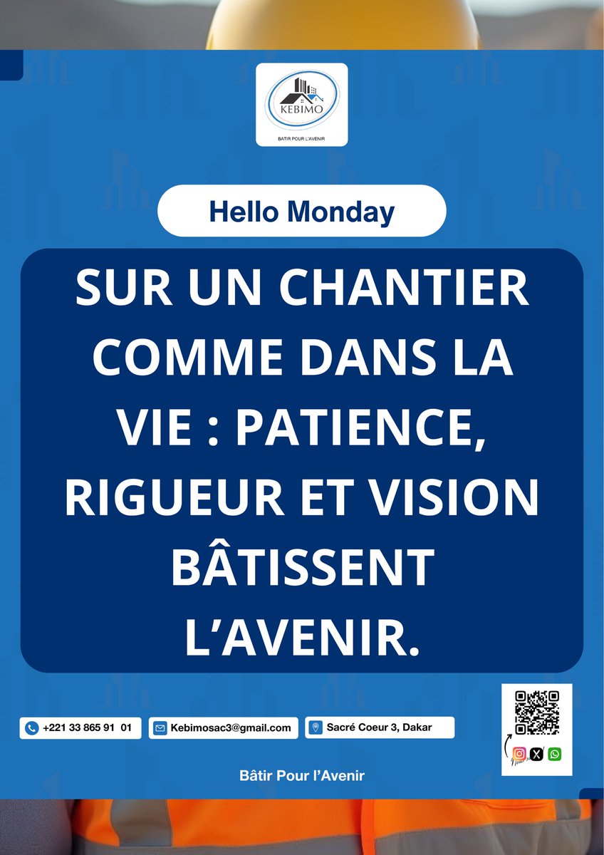 Kebimo_SA's tweet photo. #Hello_Monday
Boo Bëggée jariñu Ëllëg, Da ngay Baña Yàkkamti☺️.
Si tu veux réussir demain, ne sois pas pressé. Celui qui vise la victoire doit avancer avec foi, patience et méthode.
N’hésitez pas à partager et à vous abonner 🙏🏾
#Kebimo_Sa #Btp #Batiment https://t.co/wNjweIBSTv