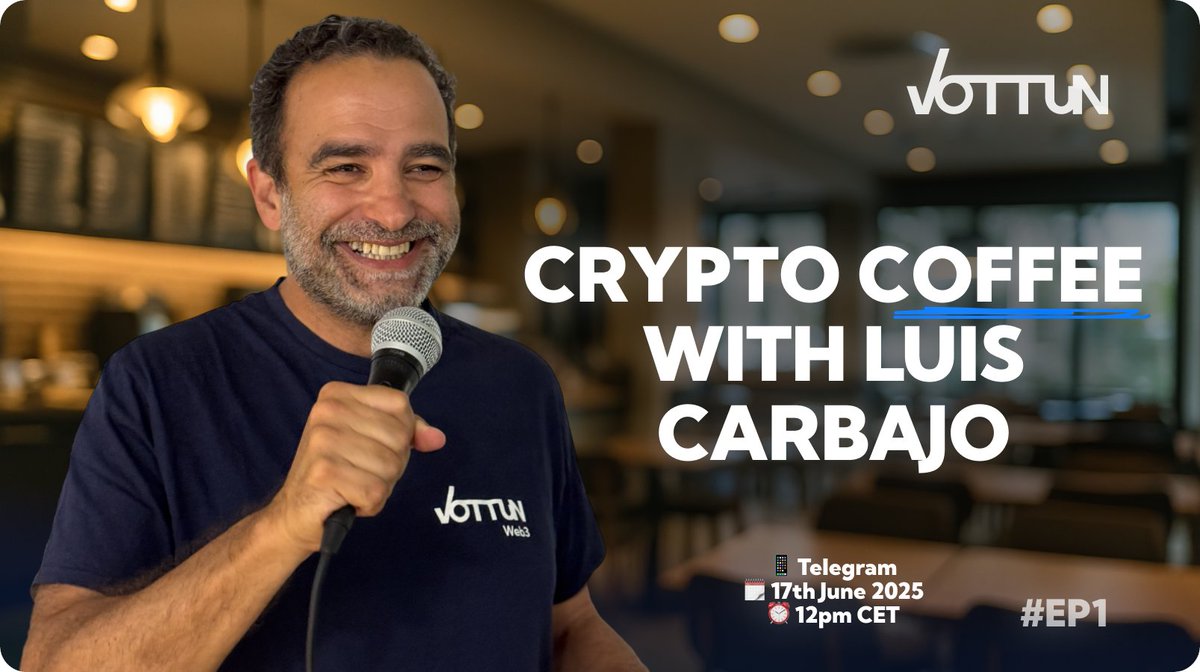 Vottun's tweet image. ⏰ 1 hour to go!
☕️ Crypto Coffee with @twitlcar starts at 12:00 PM CET on Telegram!
🔊 Vottun’s CEO will share roadmap updates, answer your questions, and open the mic for live Q&amp;amp;A.

🎁 As part of the VTN Rewards Plan, the 3 best questions will earn rewards but only if you&apos;re…