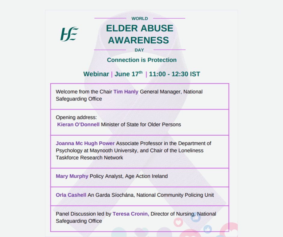 Safeguarding_ie's tweet image. Join our webinar tomorrow for Elder Abuse Awareness Day.
Webinar includes Panel discussion with HSE Chief Social Worker @AmandaC62359371, JoanneMcHugh Power @MaynoothUni , Mary Murphy @AgeAction and Orla Cashell @gardainfo
Link- us02web.zoom.us/webinar/regist…