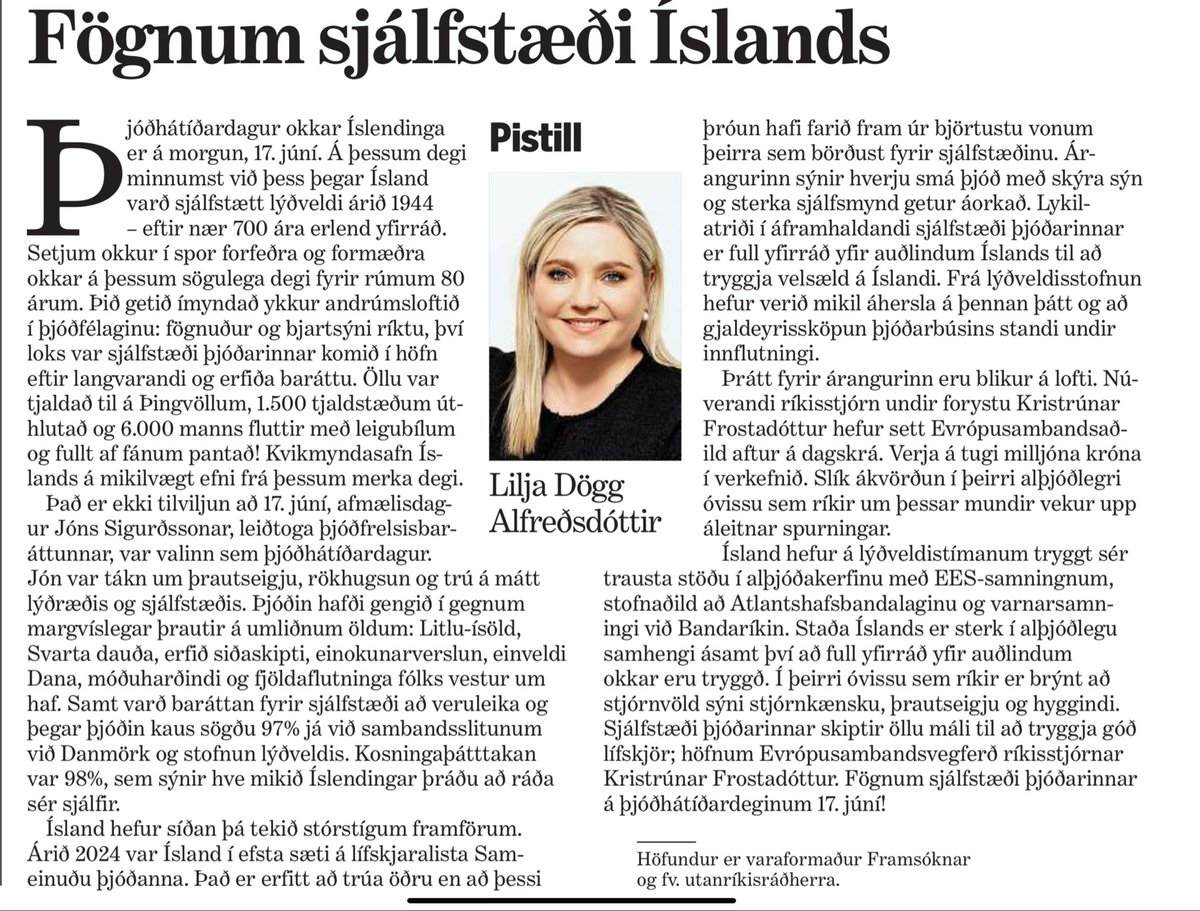 Lilja Dögg skrifar um þann stórkostlega árangur sem Ísland hefur náð í krafti sjálfstæðis. "Árið 2024 var Ísland í efsta sæti á lífskjaralista Sameinuðu Þjóðanna"... "Þrátt fyrir árangurinn eru blikur á lofti. Núverandi ríkisstjórn undir forystu Kristrúnar Frostadóttur hefur sett