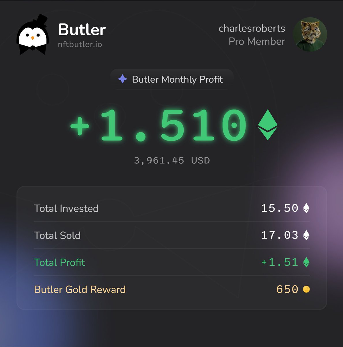 1.510 Ξ in profit made in the last 16 days using <a href="/nftbutler/">NFT Butler</a> 💰📈

Sharing on X to grab my extra 650 Butler Gold 🟠
Bidding’s a breeze with NFT Butler in my arsenal!  🐧

#NFT #NFTCommunity #NFTButler

nftbutler.io