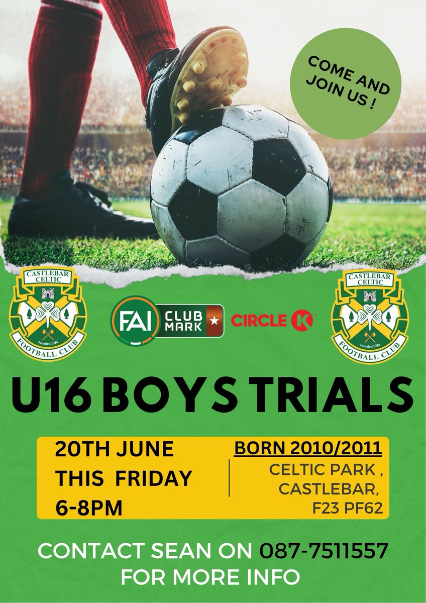 🔥 U16 Boys Trials This Friday! 🔥
Think you've got what it takes?
⚽ Come and try out!
🕕 Friday | 6–8 PM
📍 Celtic Park
Bring your A-game – we’re looking for future stars! ⭐
#U16Trials #FootballFuture #Tryouts #GameOn