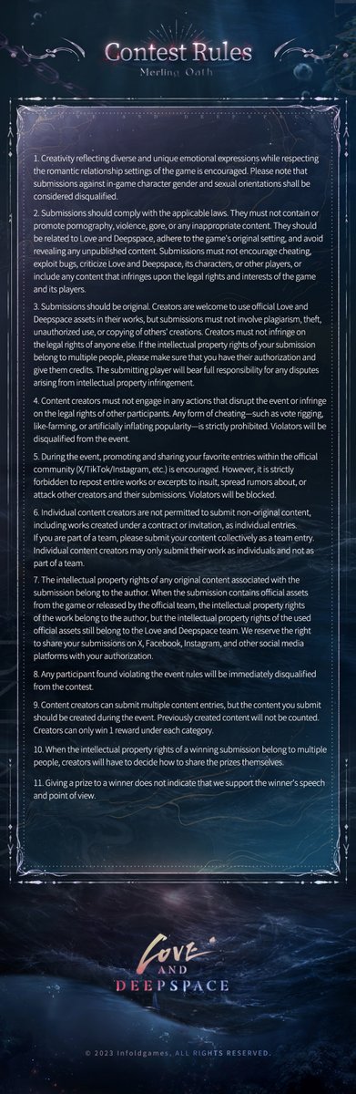 Love and Deepspace | Submerged Eclipse Fan Art Contest
When the bell echoes distantly, the Sea God carves His Lover's name upon His heart.

💧Fan Art Contest [Submerged Eclipse] Starts Now!

■ Event Duration
💫Contest Duration: Jun. 17 - Jul. 2, 2025
💫Submission Review: Jul. 3
