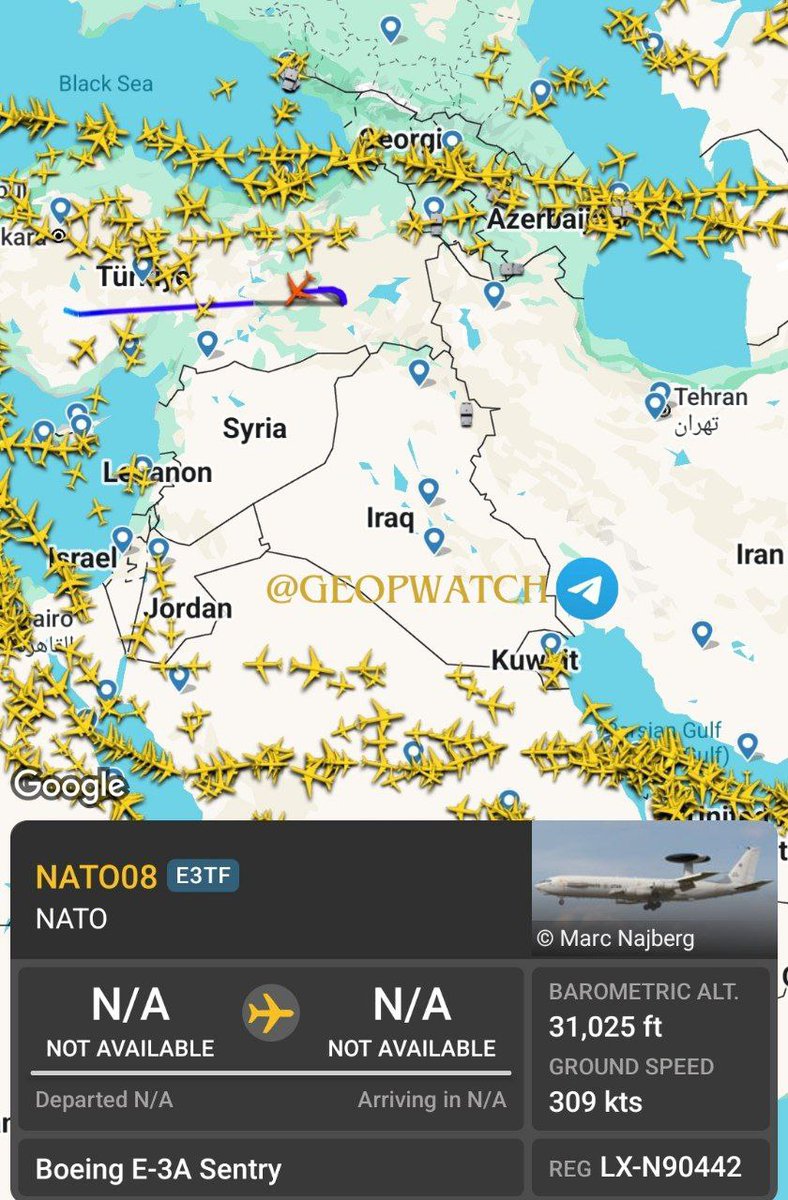 🇮🇱🇹🇷🇺🇸 Samolot zwiadowczy NATO typu AWACS wystartował z Turcji i obecnie monitoruje przestrzeń powietrzną nad Iranem, Syrią i Irakiem.

AWACS (Airborne Warning and Control System) to powietrzne centrum dowodzenia z radarem, zdolne do śledzenia setek celów i kierowania
