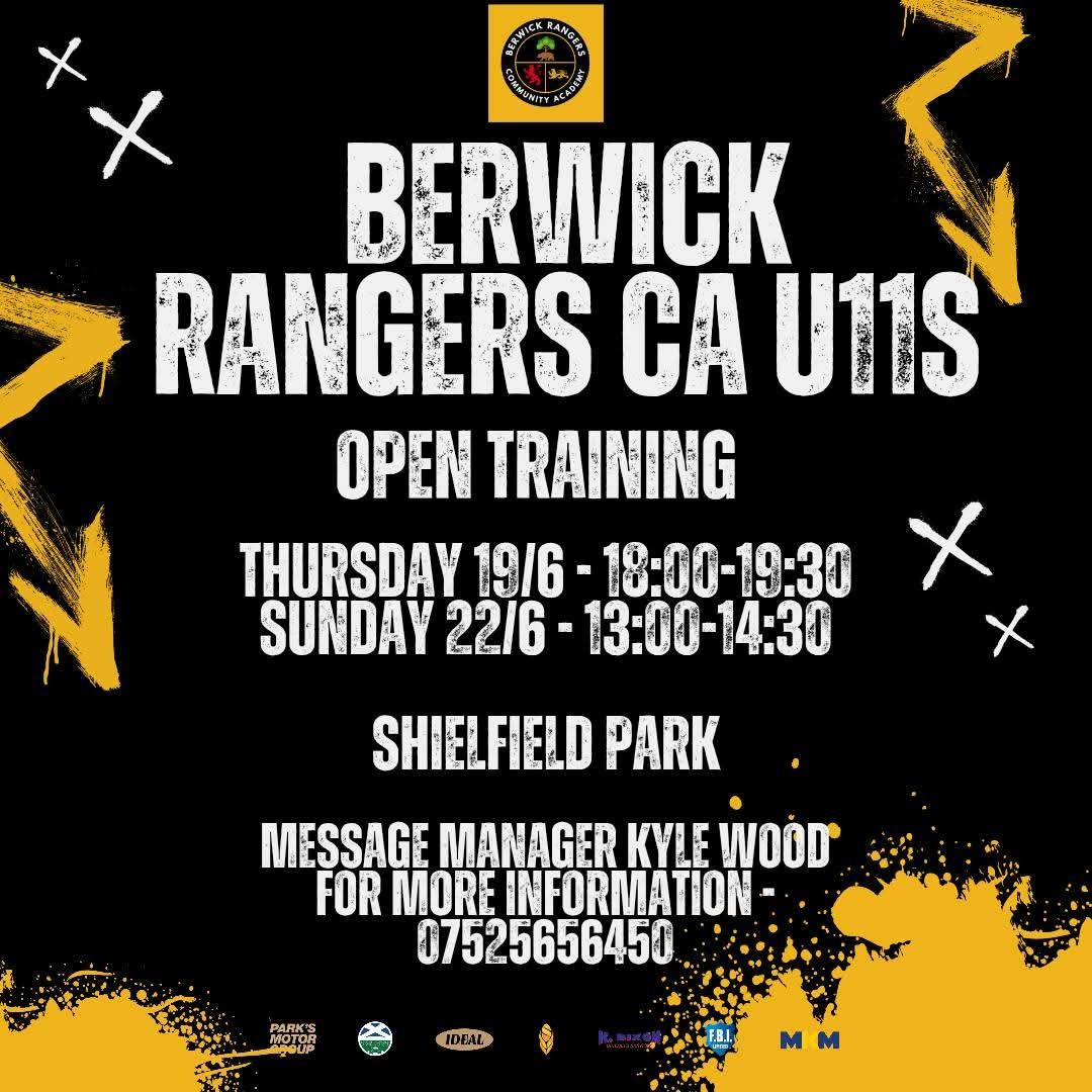 ⚽️ | U11s Open Training!

A reminder that next season's Berwick Rangers CA Under 11s (current Year 5) are holding a pair of open training sessions at Shielfield Park next week!

Parents can contact manager Kyle Wood directly for more information or to register interest. 

🖤💛