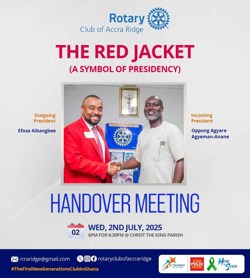rcaridge's tweet photo. A seamless transition, a shared legacy, a brighter future.
The Rotary Club of Accra Ridge invites you to witness our handover as we continue our journey of service and impact.

See you there! 😘
#ThisIsAccraRidge #TheFirstNewGenerationsClubInGhana #RotaryDistrict9104 https://t.co/L30kOYiLmY