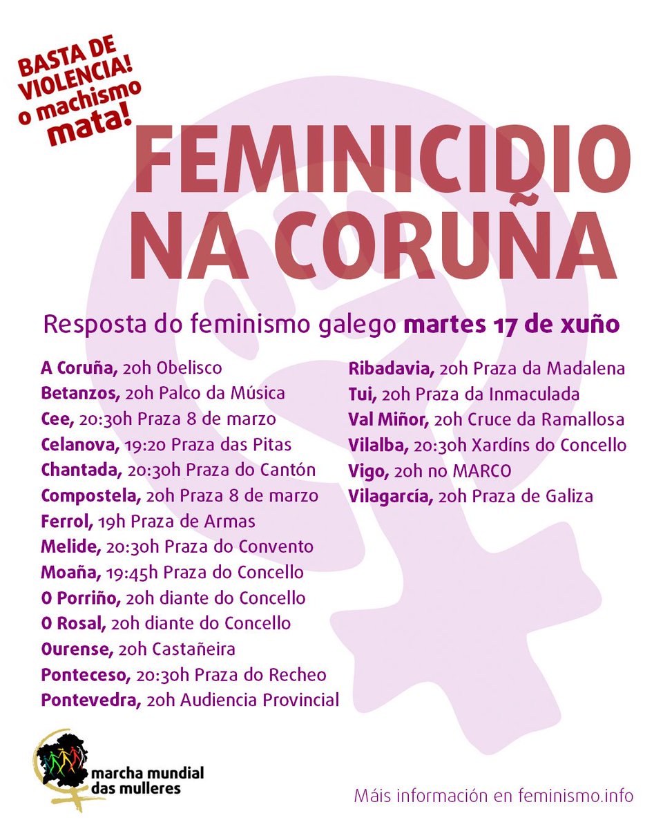 🔴🔴ALERTA FEMINISTA 📢 MOBILIZACIÓNS 🔴🔴

Este martes 17 de xuño respostamos nas rúas ante o feminicidio!

Todas á rúa, BASTA DE VIOLENCIA CONTRA AS MULLERES!

#feminismoParaVivir #machismoMata