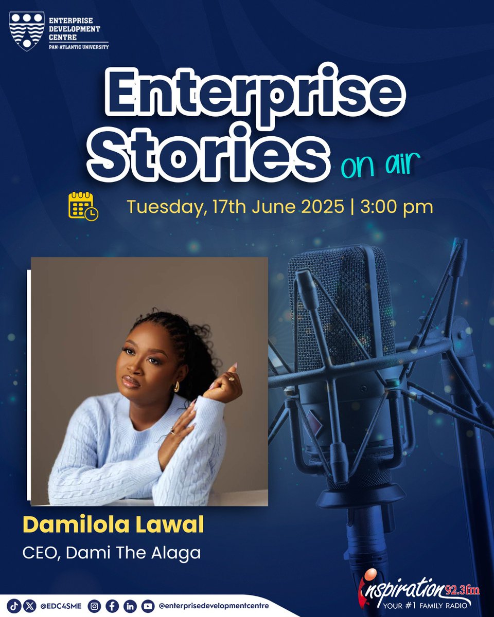 🚨 Don’t miss this!
@damilolathealaga (Damilola Lawal), CEO of Dami The Alaga, shares how he built a top-tier design brand in 🇳🇬 and what it takes to succeed as a creative entrepreneur.
📅 Tues, June 17
🕒 3PM
📻 Inspiration FM 92.3

#EnterpriseStories #EDC4SME #InspirationFM
