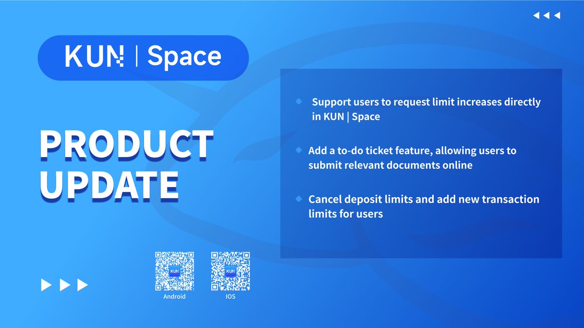 📣 KUN | Space: One-stop global digital payment service platform upgrade. Bringing a more seamless and convenient payment experience to our clients.🎯

1⃣ Support users to request limit increases directly in KUN | Space
2⃣ Add a to-do ticket feature, allowing users to submit