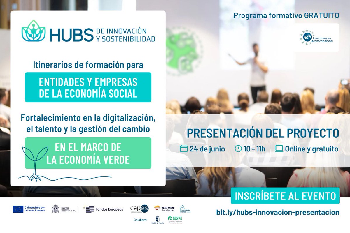 👨‍🏫 <a href="/FundacionSMLRPH/">Fundación Santa María la Real</a> lanza los 'Hubs de #Innovación y #Sostenibilidad' 🌱

💡 Formación gratuita para 60 entidades de #EconomíaSocial en Castilla-La Mancha y Extremadura

📅 Evento online: 24 junio 🕙10h

🔗 Inscripción
➡️bit.ly/hubs-innovacio…

#SomosEconomíaSocial
