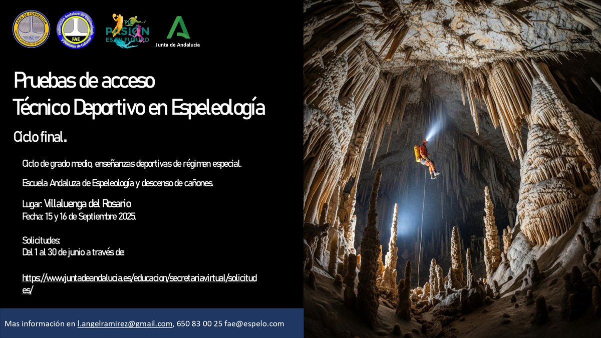 Pruebas de Acceso Técnico Deportivo Espeleología CF, insc: hasta 30 de junio <a href="/iadeporte/">Instituto Andaluz del Deporte</a> <a href="/DeporteAndaluz/">Tu Deporte Andaluz</a> ✏️juntadeandalucia.es/educacion/secr…