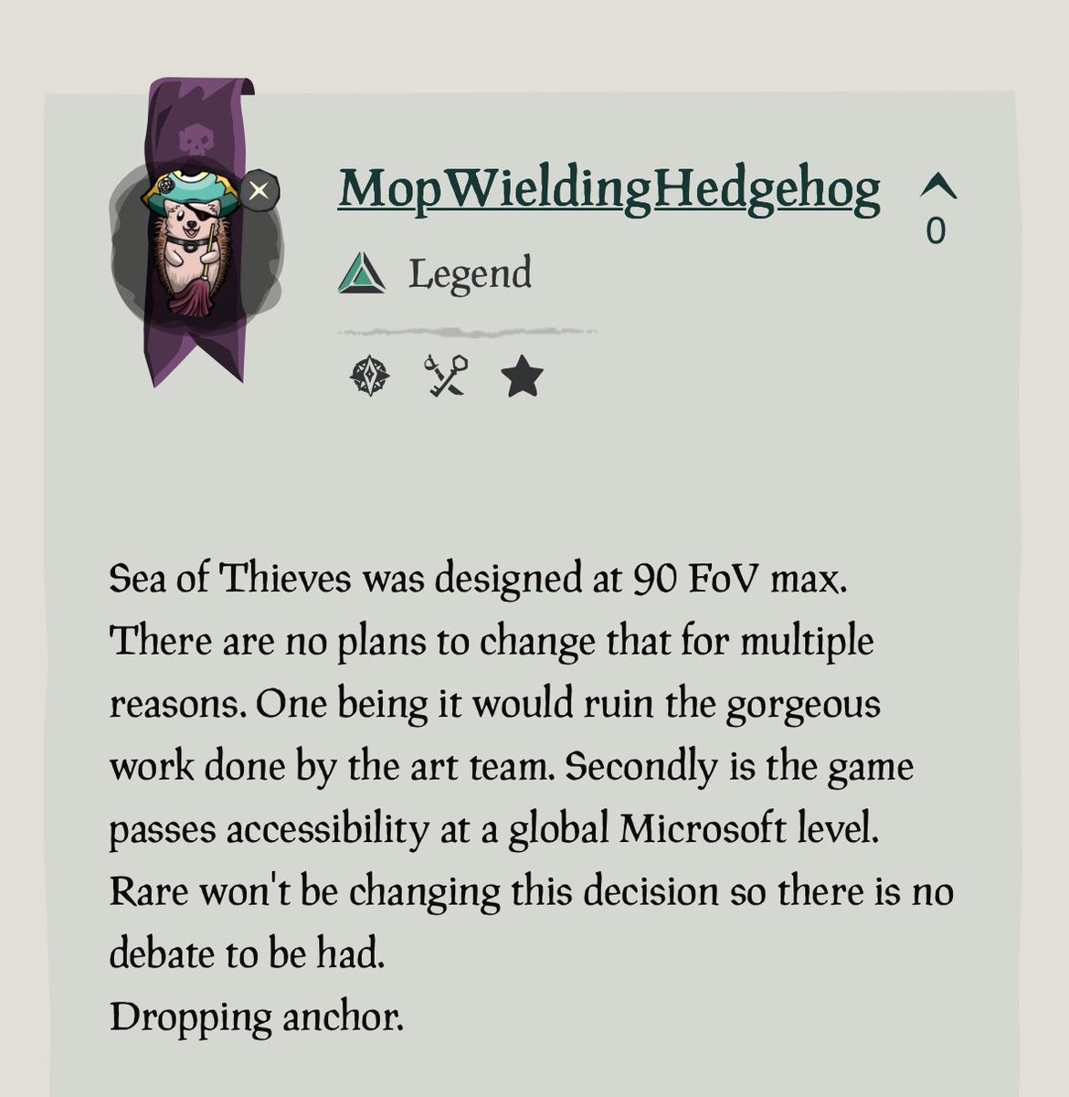Vupzy (@vupzy) on Twitter photo To all the moderators at <a href="/SeaOfThieves/">Sea of Thieves</a> who continually told others that higher fov would make the game destorted and will never happen, need to apologize for lying to us and silencing our forums. To all the moderators at <a href="/SeaOfThieves/">Sea of Thieves</a> who continually told others that higher fov would make the game destorted and will never happen, need to apologize for lying to us and silencing our forums.