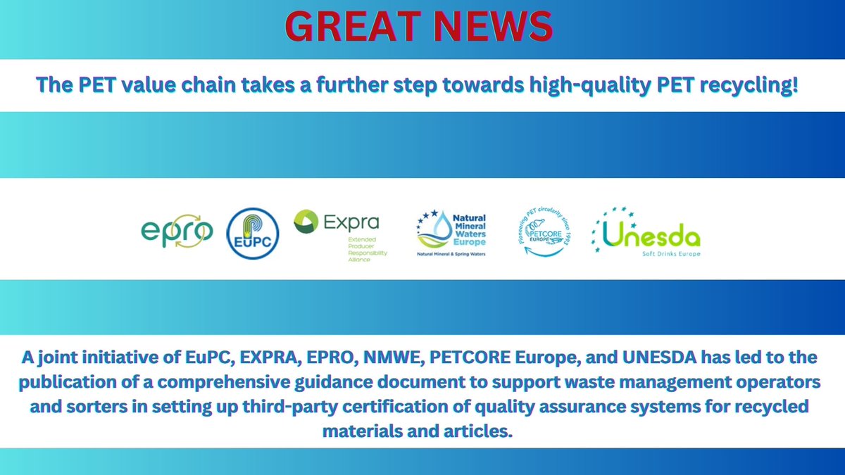 PETCORE EUROPE (@petcoreeurope) on Twitter photo An initiative of <a href="/EuPCplastics/">EuPC</a>, EXPRA, EPRO, <a href="/NMWE_Europe/">Natural Mineral Waters Europe</a>, <a href="/petcoreeurope/">PETCORE EUROPE</a>, <a href="/UNESDA/">Soft Drinks Europe</a> led to the publication of a guidance to support waste management operators & sorters in setting up 3party certification of quality assurance systems for recycled materials➡️bit.ly/4l0CuzG An initiative of <a href="/EuPCplastics/">EuPC</a>, EXPRA, EPRO, <a href="/NMWE_Europe/">Natural Mineral Waters Europe</a>, <a href="/petcoreeurope/">PETCORE EUROPE</a>, <a href="/UNESDA/">Soft Drinks Europe</a> led to the publication of a guidance to support waste management operators & sorters in setting up 3party certification of quality assurance systems for recycled materials➡️bit.ly/4l0CuzG
