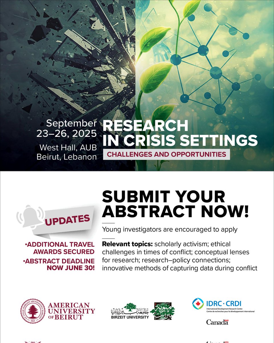 American University of Beirut (@aub_lebanon) on Twitter photo Abstract deadline extended to June 30!
Calling young researchers! Submit your abstract for the Research in Crisis Settings conference at AUB, Sept 23–26, 2025.
Topics: scholarly activism, ethics, research-policy connections & more
Extra travel awards now available! Abstract deadline extended to June 30!
Calling young researchers! Submit your abstract for the Research in Crisis Settings conference at AUB, Sept 23–26, 2025.
Topics: scholarly activism, ethics, research-policy connections & more
Extra travel awards now available!