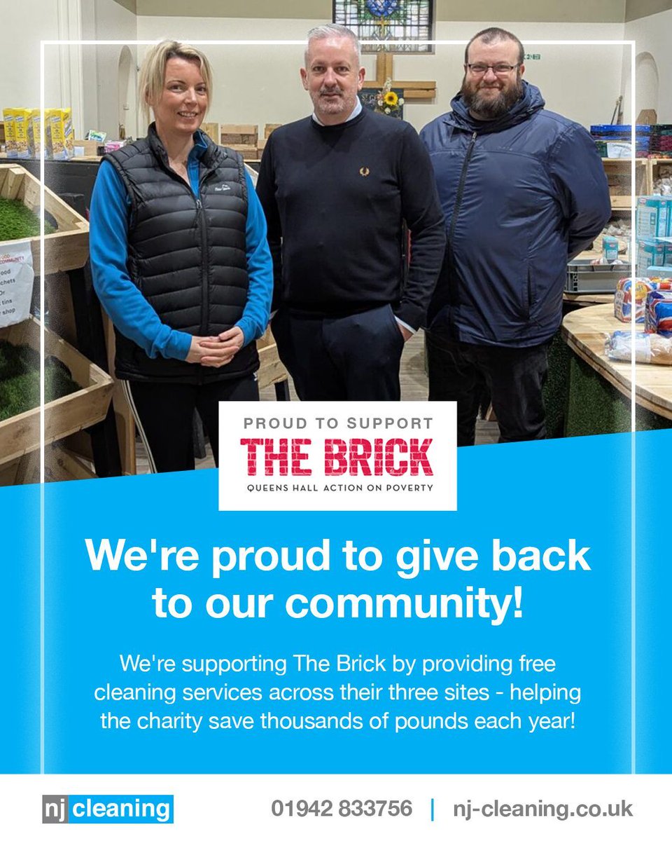 We're proud to give back to our community!

We're supporting The Brick by providing free cleaning services across their three sites - helping the charity save thousands of pounds each year.

Read more about why this partnership means so much to us ⬇️
 👉 nj-cleaning.co.uk/why-were-proud…