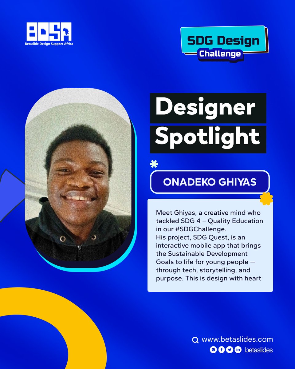 betaslides_'s tweet image. Onadeko Ghiyas created SDG Quest—an interactive app teaching youth about sustainability using AI &amp;amp; AR.

Focused on SDG 4: Quality Education, his design turns learning into an experience.
Brilliant work, Ghiyas! 
#SDGChallenge #DesignForChange #SDG4 #Betaslides #DesignerSpotlight