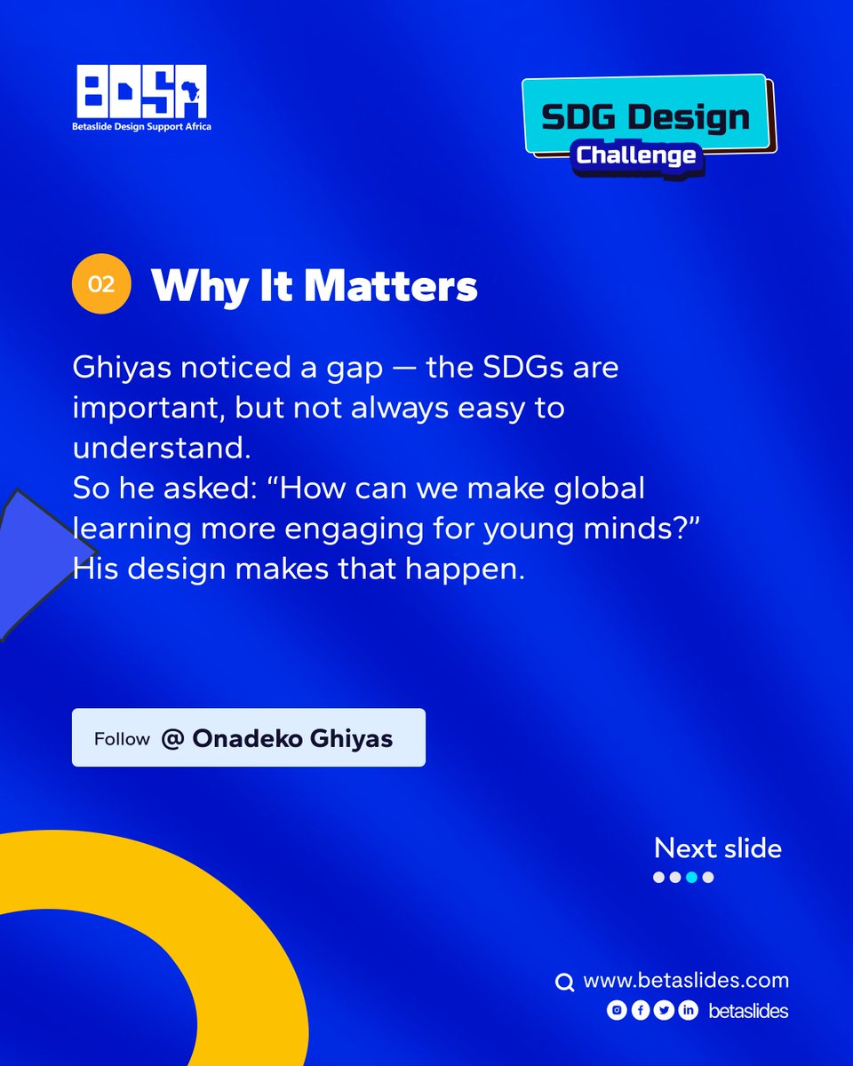 betaslides_'s tweet image. Onadeko Ghiyas created SDG Quest—an interactive app teaching youth about sustainability using AI &amp;amp; AR.

Focused on SDG 4: Quality Education, his design turns learning into an experience.
Brilliant work, Ghiyas! 
#SDGChallenge #DesignForChange #SDG4 #Betaslides #DesignerSpotlight