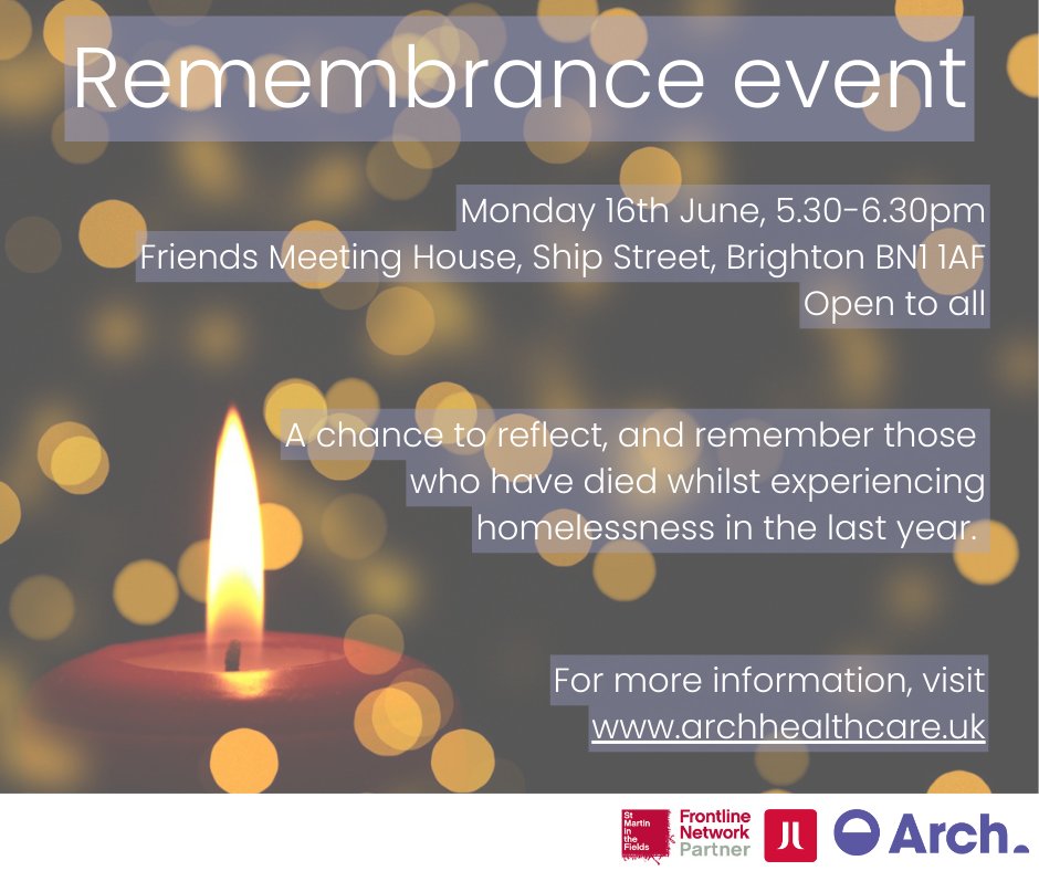 A reminder we're hosting our annual Remembrance event tonight. We'll be gathering at the Friends Meeting House in Brighton, 5.30-6.30pm to remember those who died in the last year while facing homelessness. Hosted in partnership with <a href="/SMITF_frontline/">Frontline Network</a>  &amp; <a href="/justlifeuk/">Justlife</a> . All welcome.