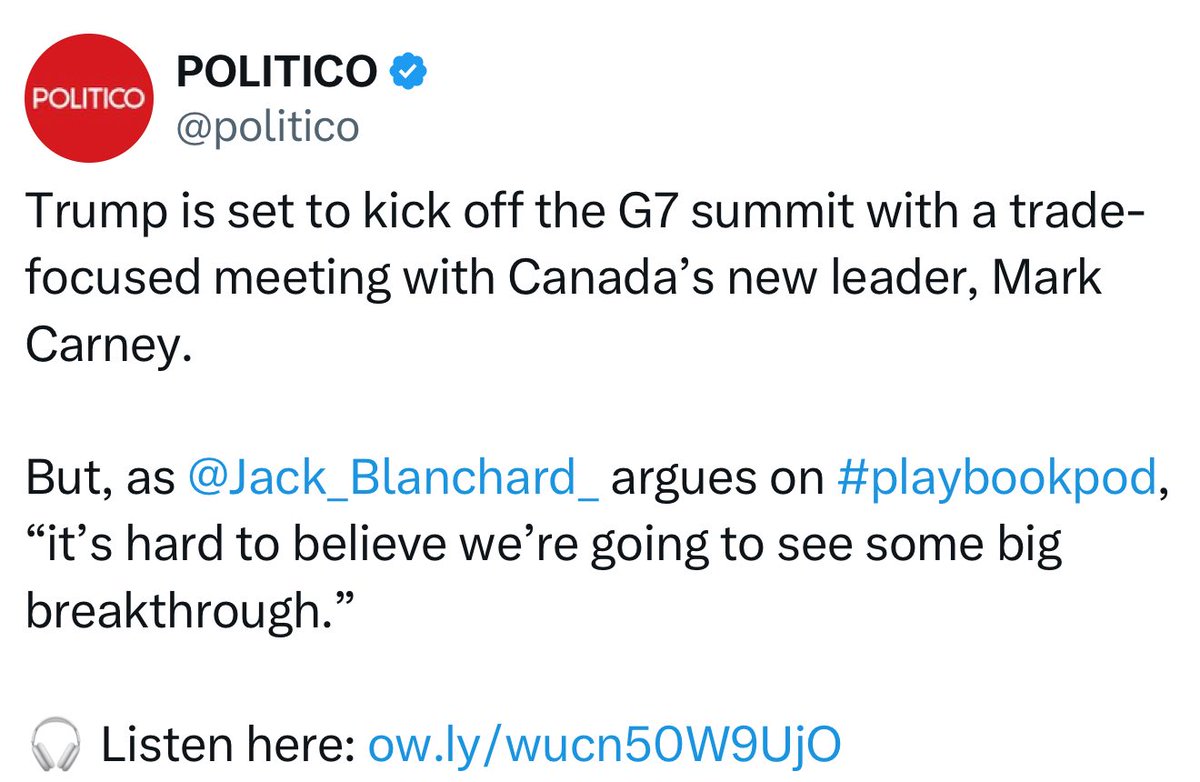 _nikbeno's tweet image. POLITICO:
🔴 Трамп собирается начать саммит G7 с торговой встречи с новым лидером Канады Марком Карни.
Но, как утверждает @Jack_Blanchard_ на #playbookpod, «трудно поверить, что мы увидим какой-то большой прорыв».
🎧 Слушайте здесь: ow.ly/wucn50W9UjO
pod.link/1169056746/epi…