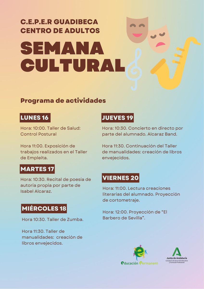 Compartimos la programación de la Semana Cultural del Ceper Guadibeca 

#Barbate #formacion #Actividades 

<a href="/Cadizexperience/">Cádiz Experience</a> <a href="/BarbateCultura/">CulturaBarbate</a> <a href="/andalucianet/">Turismo Andaluz</a> 
<a href="/VivaBarbate/">Viva Barbate</a> <a href="/viveandalucia/">Vive Andalucía</a> <a href="/guiadecadiz/">Guía de Cádiz</a>