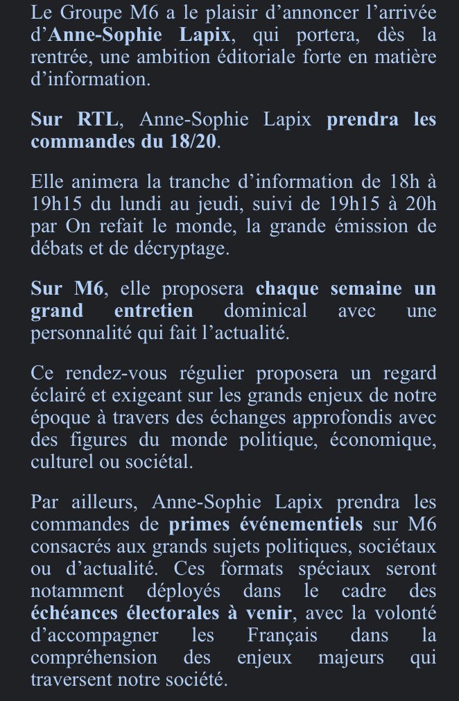 Joli coup de la part de <a href="/M6Groupe/">Groupe M6</a> qui recrute Anne-Sophie Lapix pour deux programmes d’informations : en quotidien sur RTL pour le 18/20 et en hebdo sur M6 pour une grande interview le dimanche + les prochains événements en prime time liés aux élections