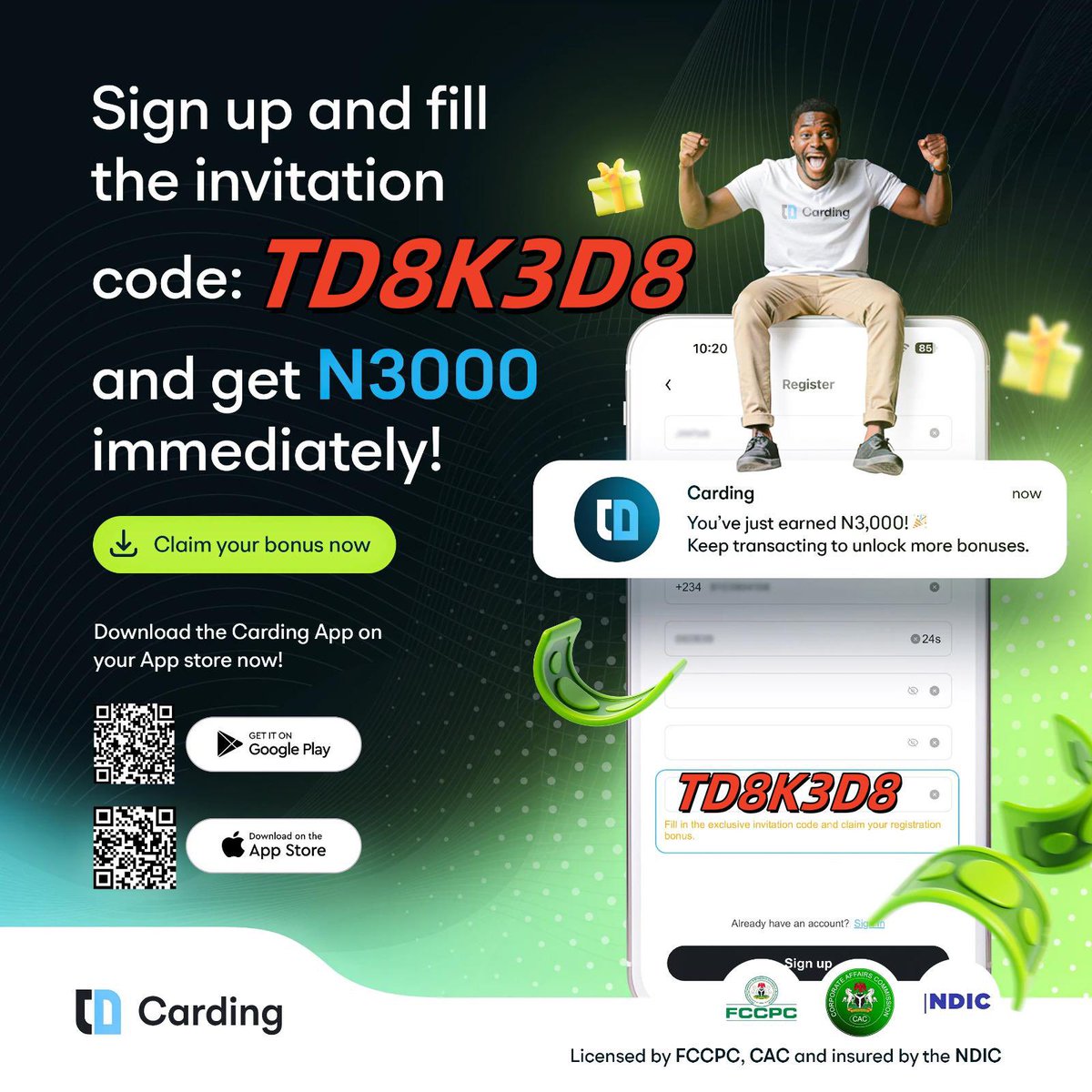 Mubarak_O_O's tweet image. 🎉 Get ₦3,000 Free Instantly when you use my promo code - TD8K3D8 - on The Carding App — no hassle, no catch!
Hurry and download The Carding App to take advantage of this exclusive offer before it expires!
Play Store: play.google.com/store/apps/det…
App Store: apps.apple.com/ng/app/carding…