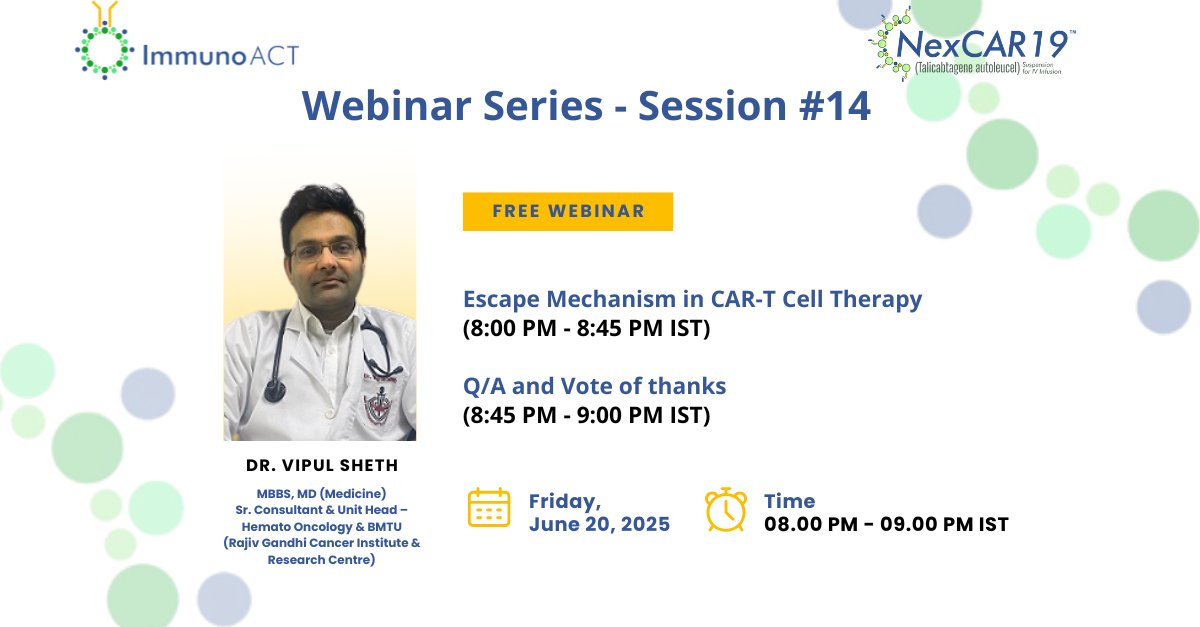ImmunoACT (@actimmuno) on Twitter photo Join us for an insightful webinar featuring ๐๐ฟ. ๐ฉ๐ถ๐ฝ๐๐น ๐ฆ๐ต๐ฒ๐๐ต, a leading Hemato-oncologist in India, as he unpacks the "Escape Mechanism in CAR-T Cell Therapy".
This session will delve into the scientific basis of escape pathways, clinical experiences, and their impact Join us for an insightful webinar featuring ๐๐ฟ. ๐ฉ๐ถ๐ฝ๐๐น ๐ฆ๐ต๐ฒ๐๐ต, a leading Hemato-oncologist in India, as he unpacks the "Escape Mechanism in CAR-T Cell Therapy".
This session will delve into the scientific basis of escape pathways, clinical experiences, and their impact
