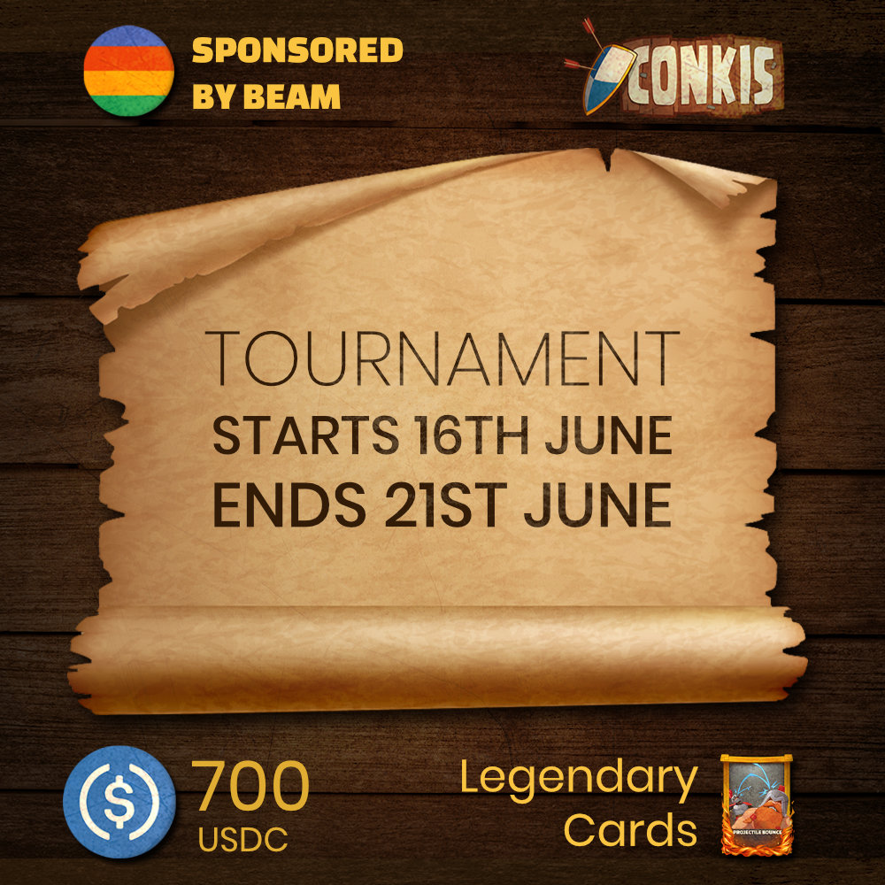 Gm Conquerors, Happy new week.

We're thrilled to announce the kickoff of Round 1 of the Conkis Tournament, starting today June 16th! The tournament will run through till Saturday June 21st. Check your opponents using the link below👇

🏆Prize Pool: 700 usdc &amp; Legendary cards🏆