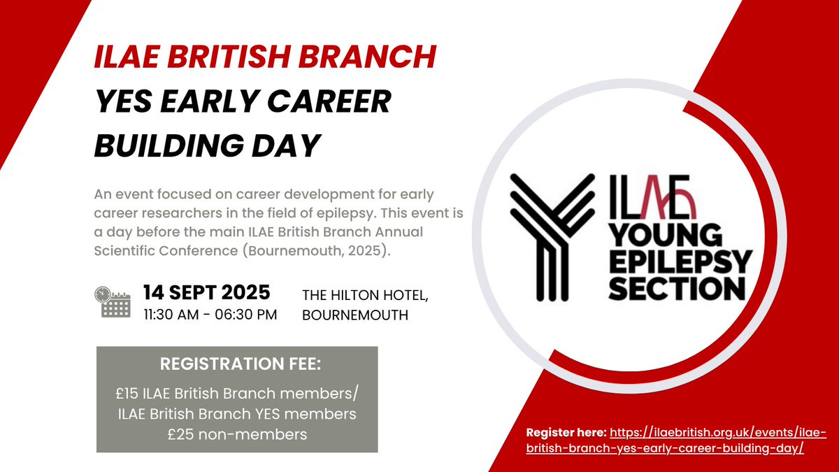 📢REGISTER NOW 

ILAE British Branch Young Epilepsy Section (YES) Early Career Building Day

📍14 September | The Hilton Hotel, Bournemouth

The meeting will take place the day before the 2025 ILAE British Branch Annual Scientific Conference

Register now: ilaebritish.org.uk/events/ilae-br…